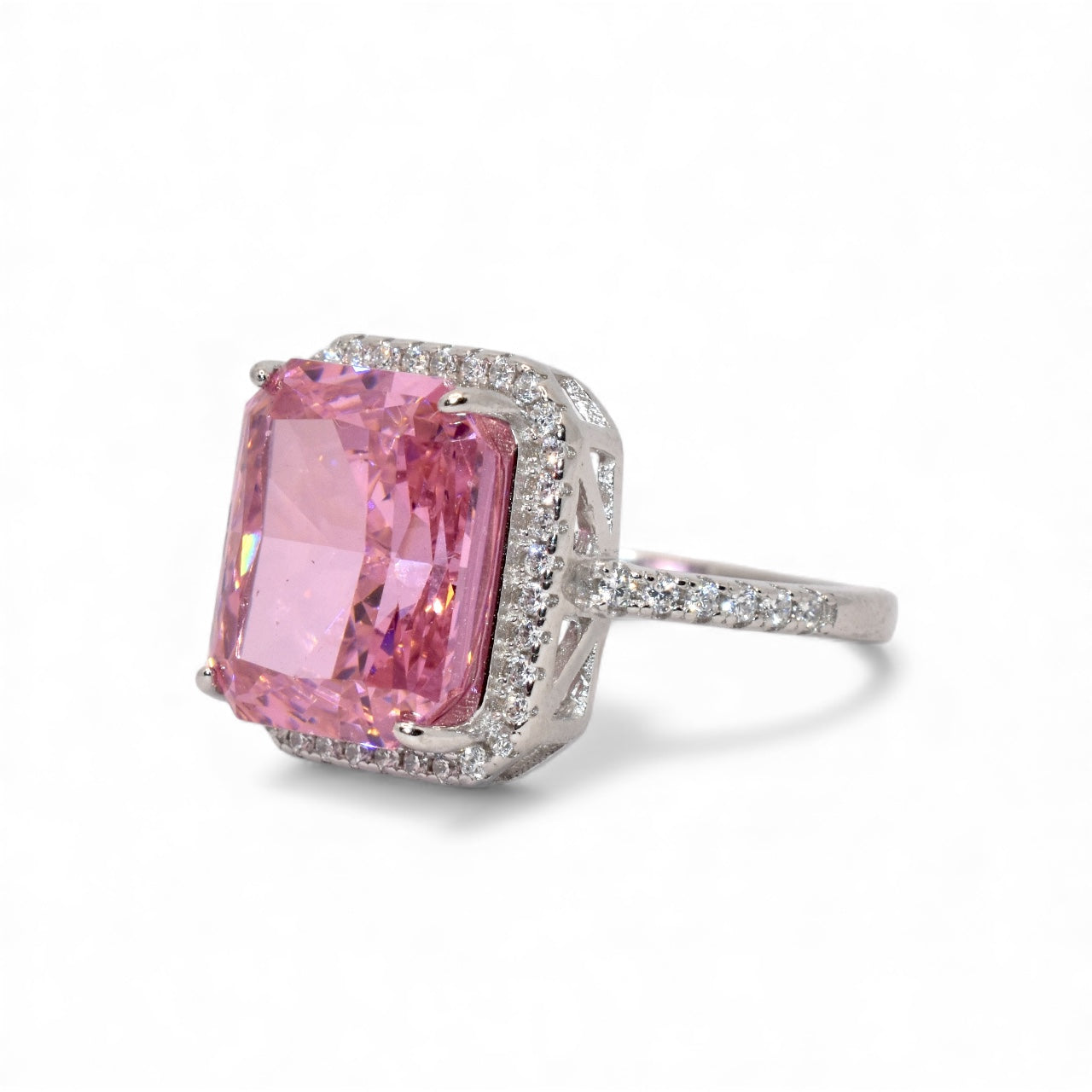 Halo Emerald Cut Pink Coloured Ice Stone Ring