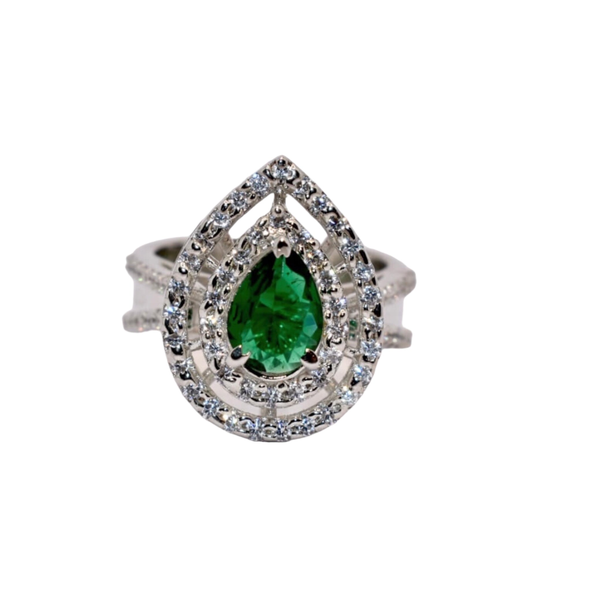 Emerald Coloured Double Halo Pear Shape Ring