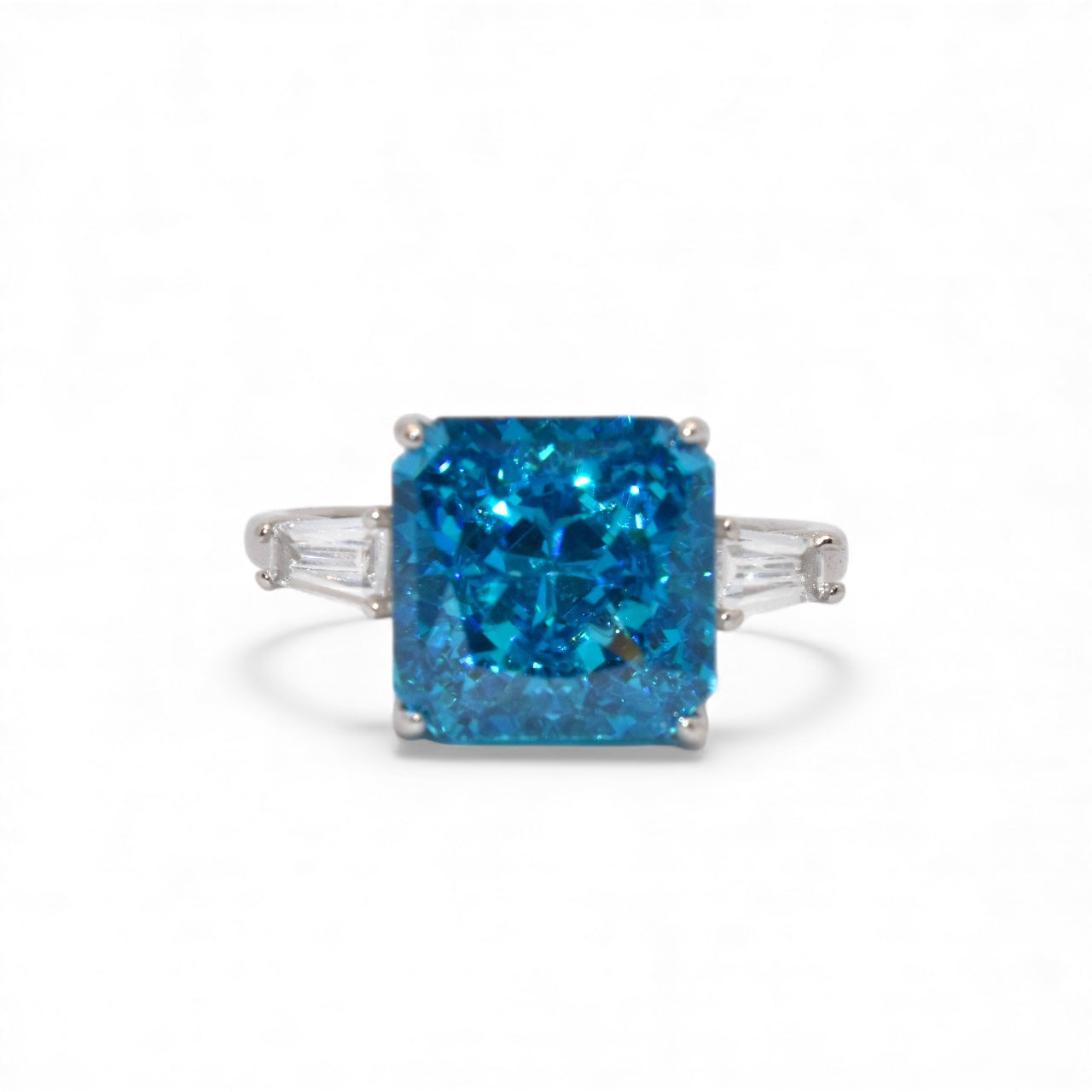 Sapphire Coloured Ice Stone Cushion Cut Ring