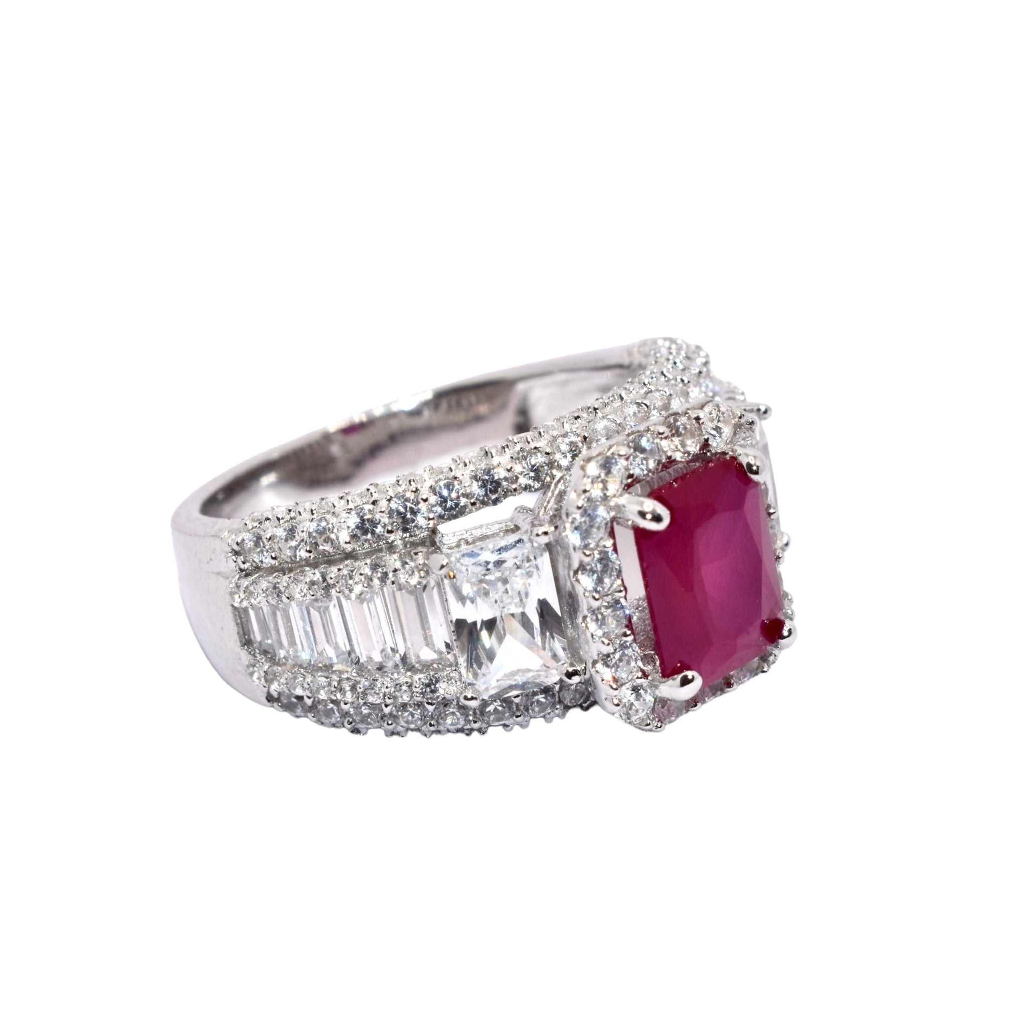 Ruby Coloured Baguette Cocktail Ring