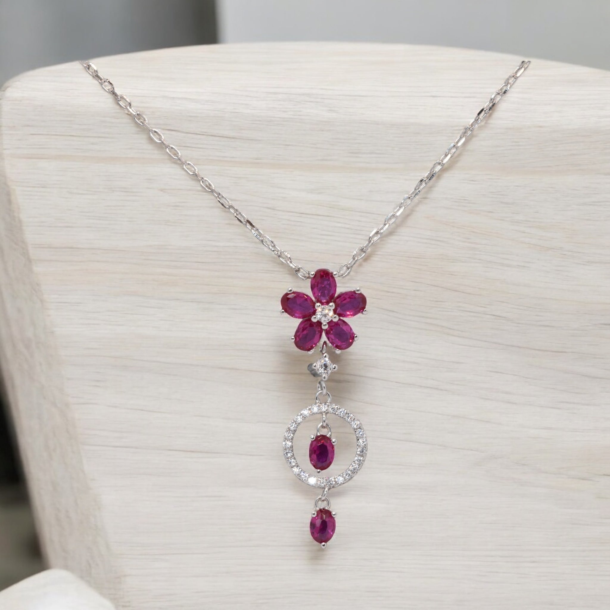 Ruby Coloured Flower Chain Pendant