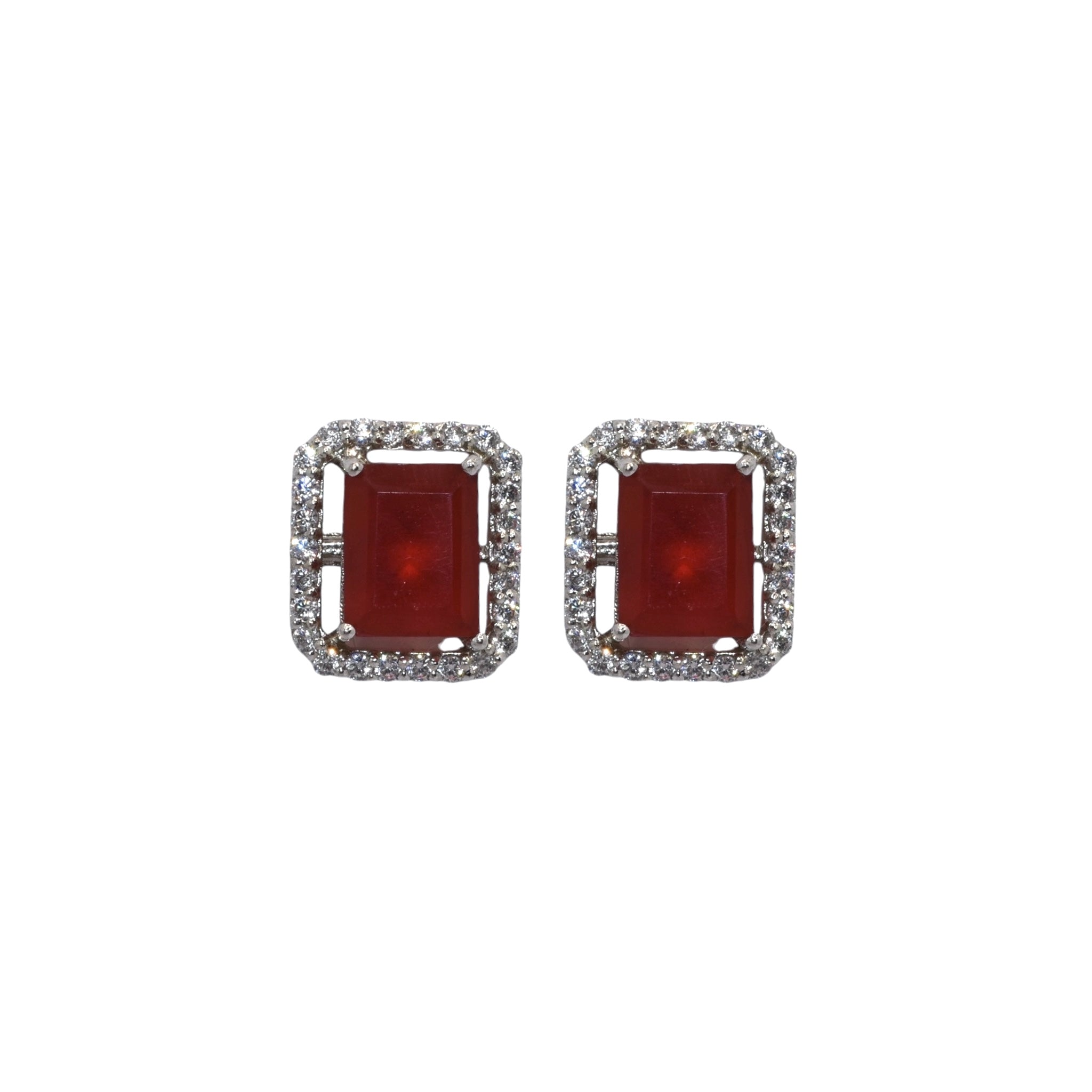 Ruby Coloured Halo Emerald Cut Earring