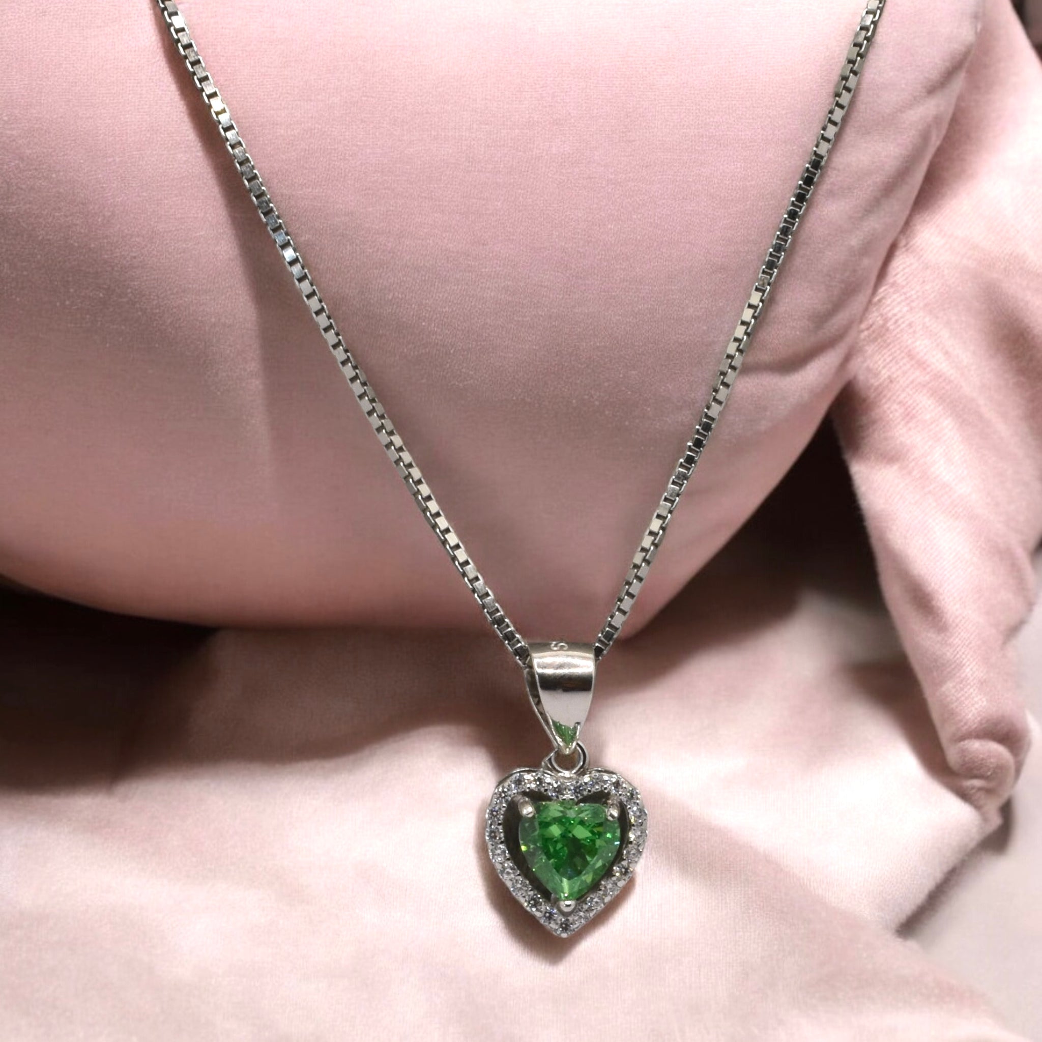 Ice Cut Emerald Coloured Heart Shape Chain Pendant