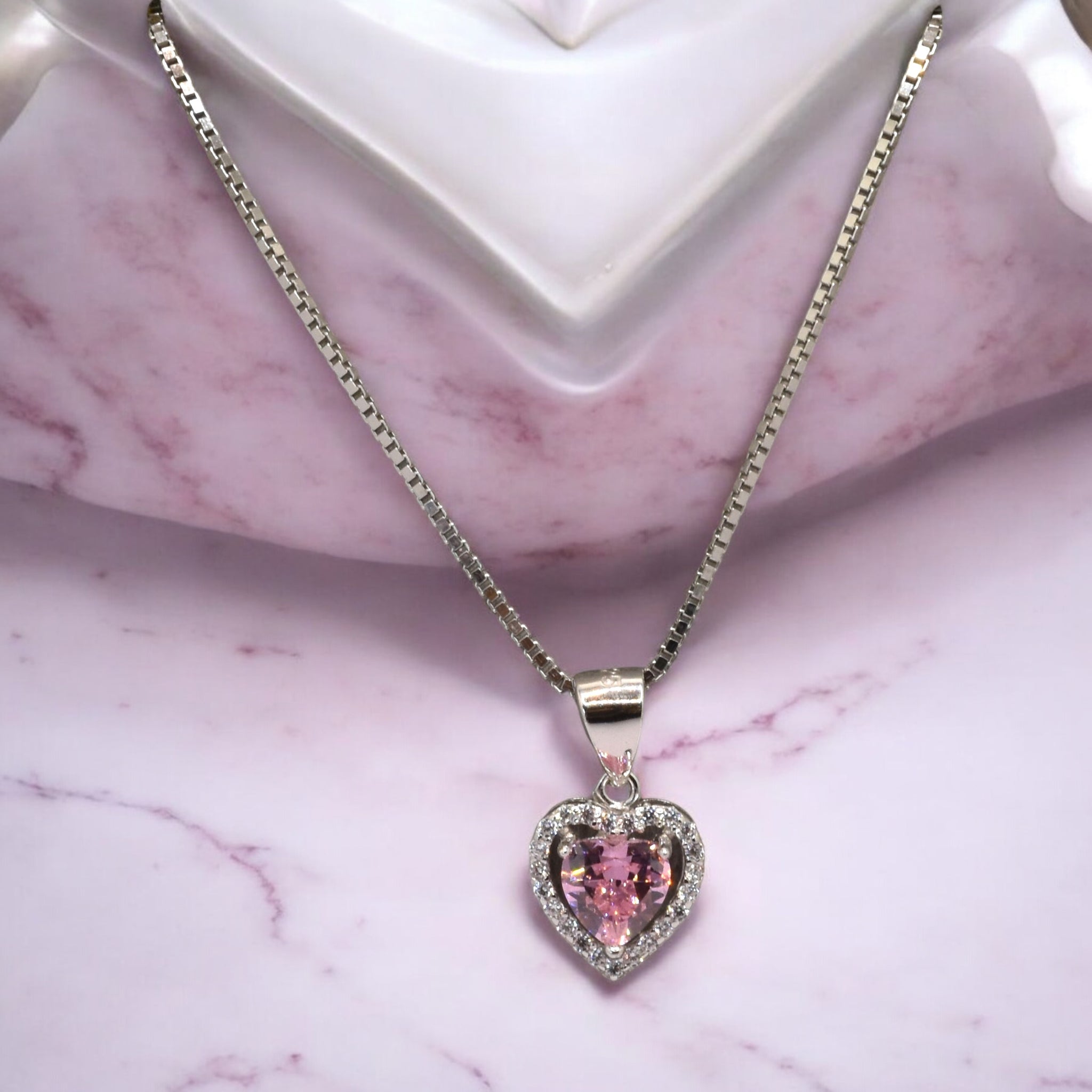 Pink Coloured Ice Cut Heart Shape Chain Pendant