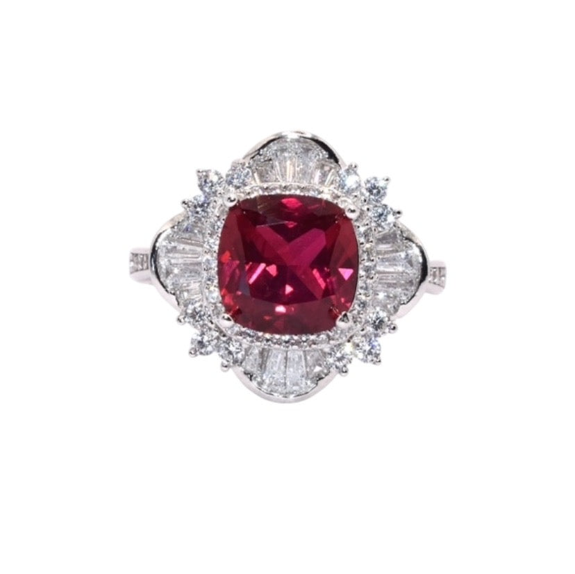 Ruby coloured Cushion Cut Ring