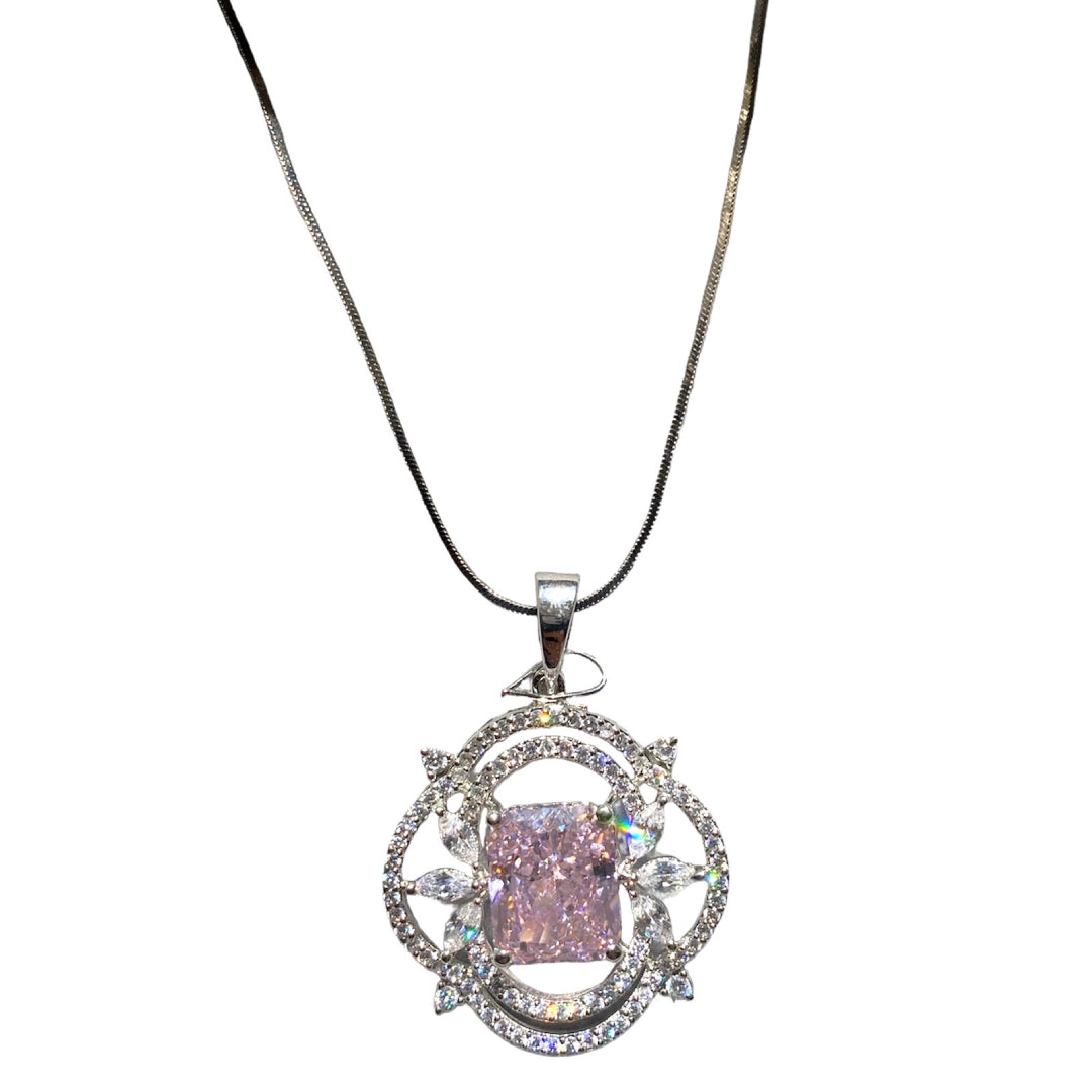 Pink Coloured Emerald Cut Ice Stone Chain Pendant