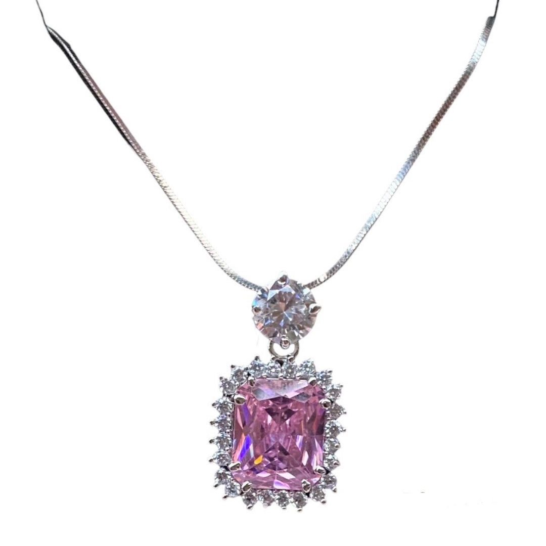 Pink Coloured Emerald Cut Chain Pendant