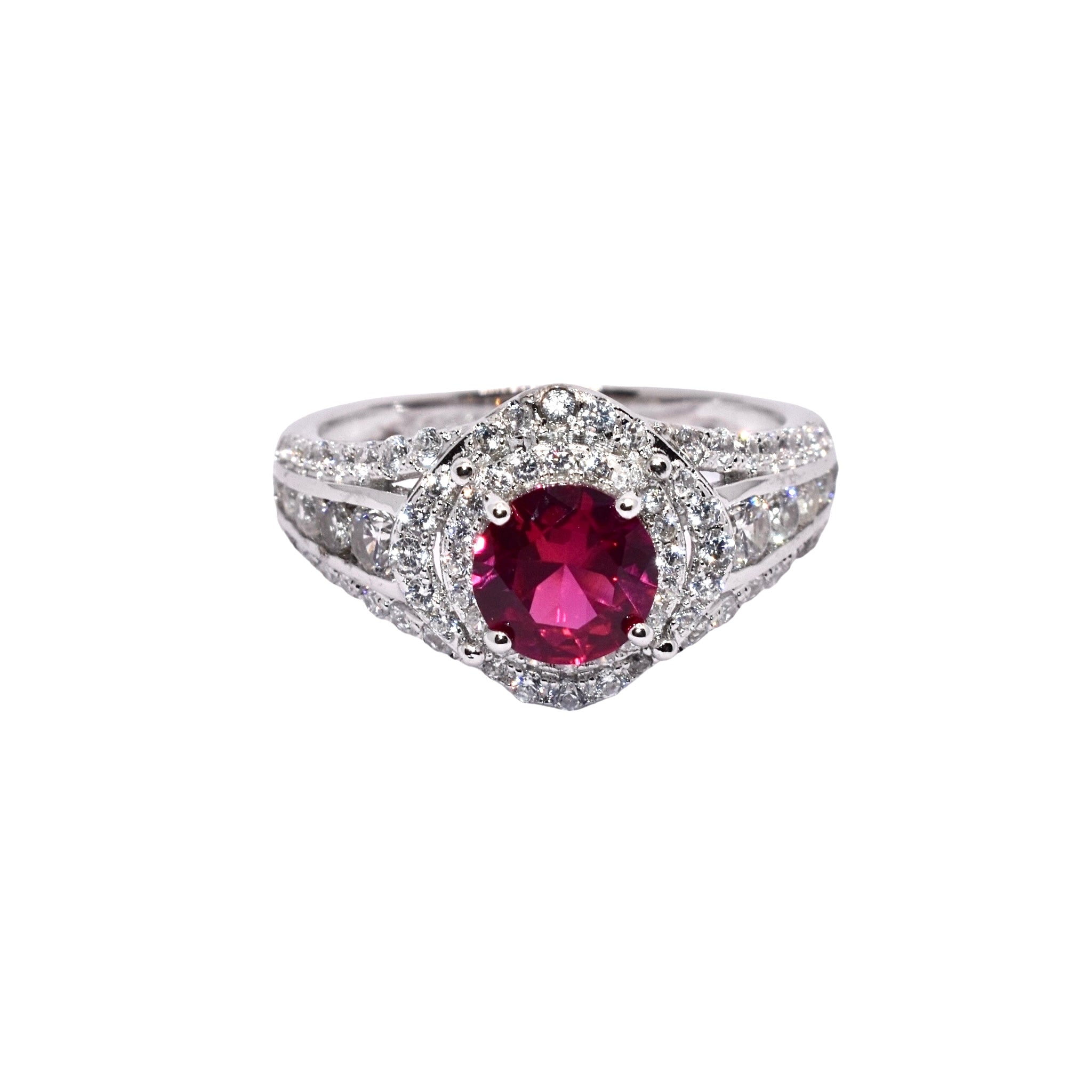 Double Halo Ruby Coloured Ring