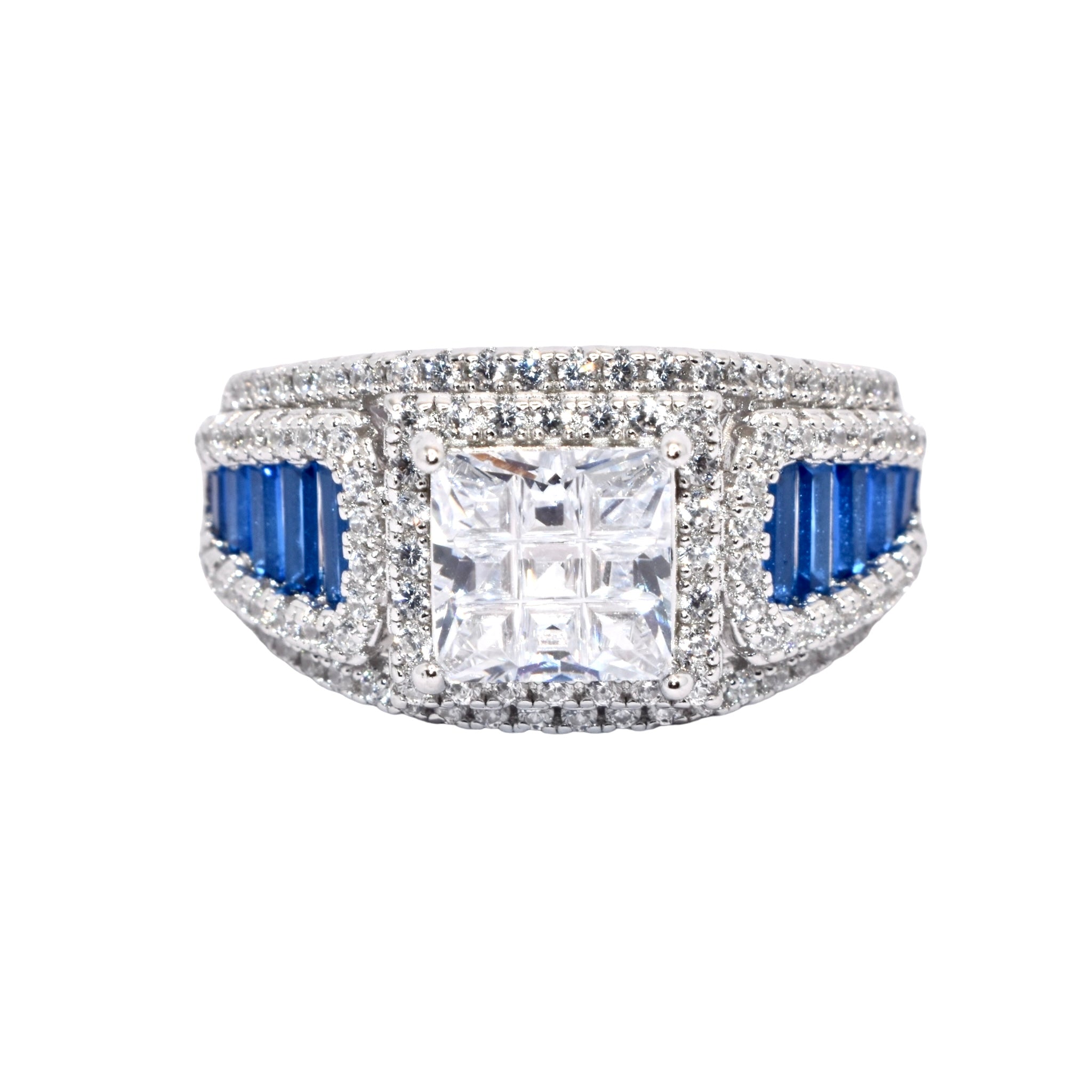 Sapphire Coloured Cushion Baguette Ring