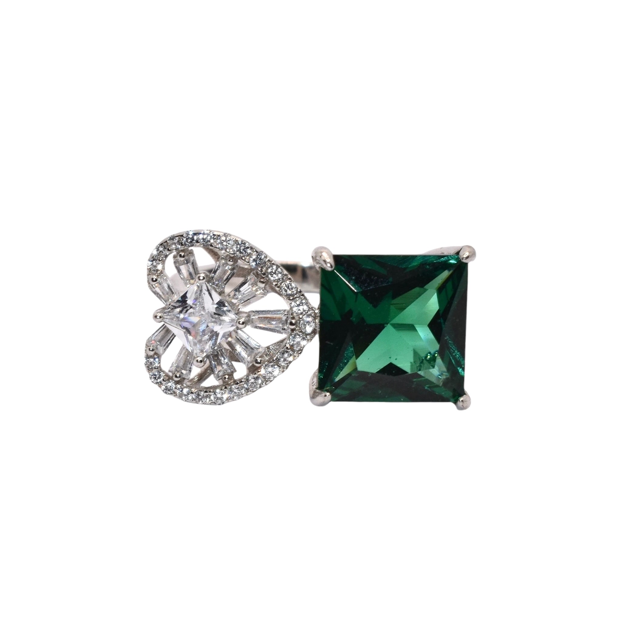 Emerald Coloured Heart and Cushion Cut Ring