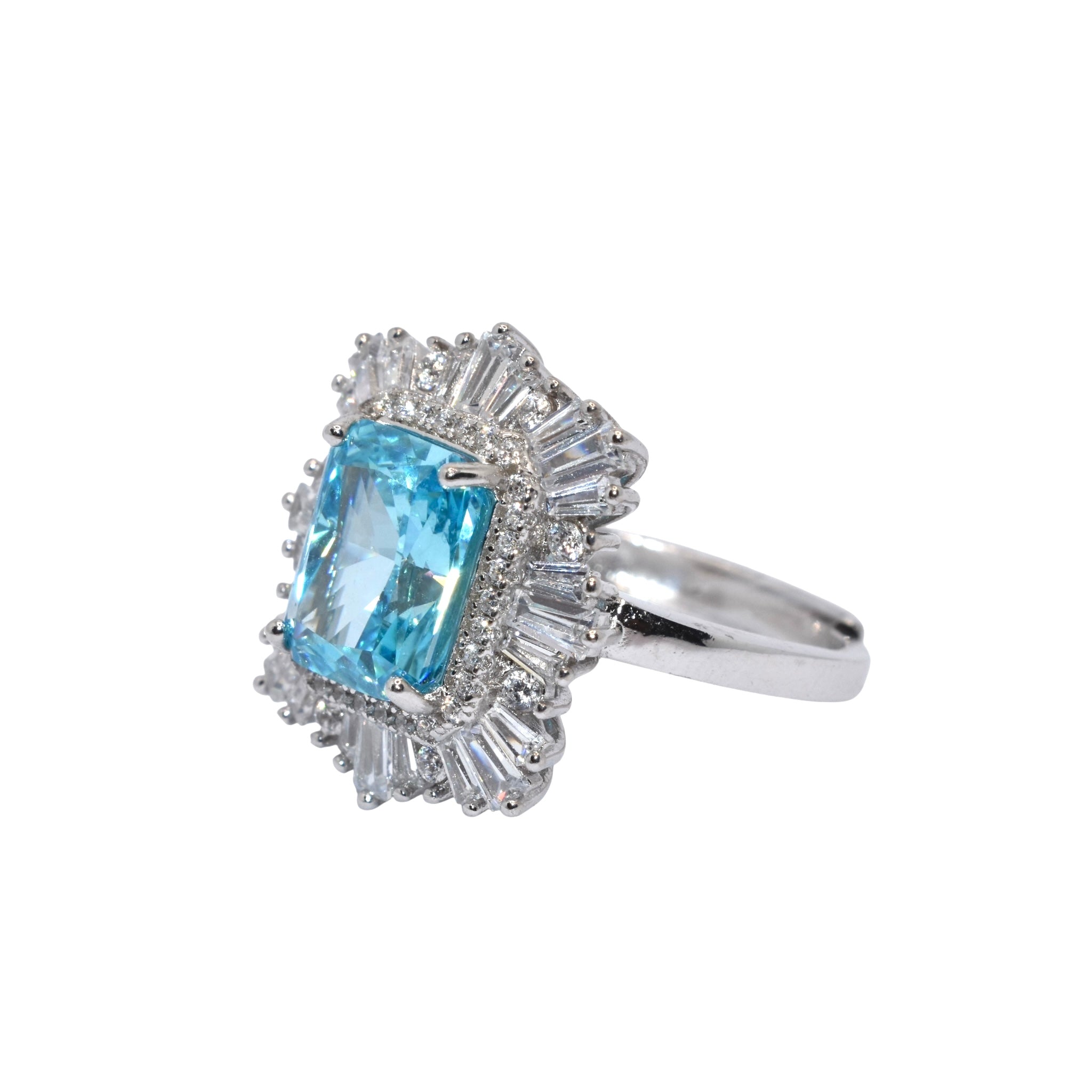 Ice Cut Aquamarine Coloured Emerald Cut Ring