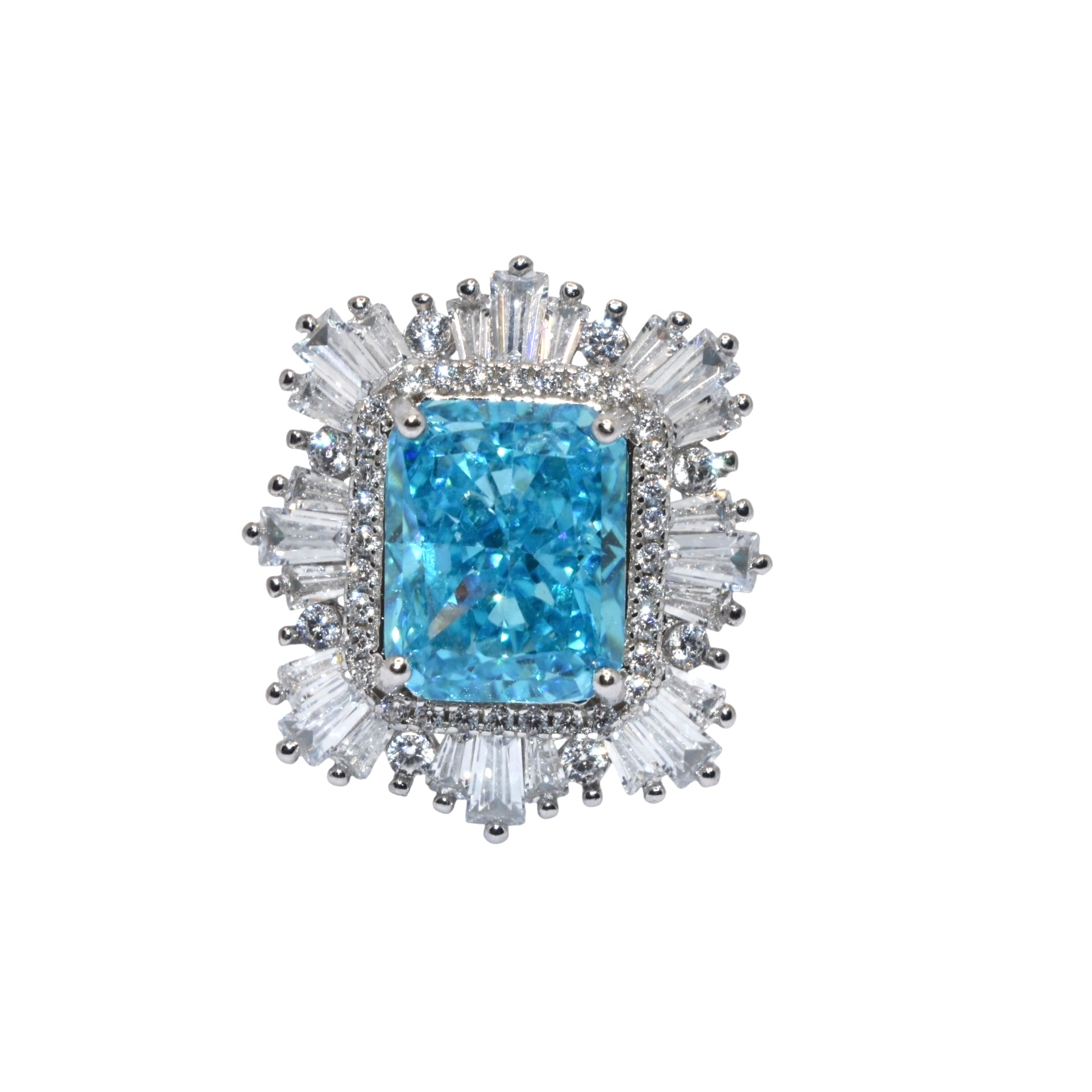 Ice Cut Aquamarine Coloured Emerald Cut Ring