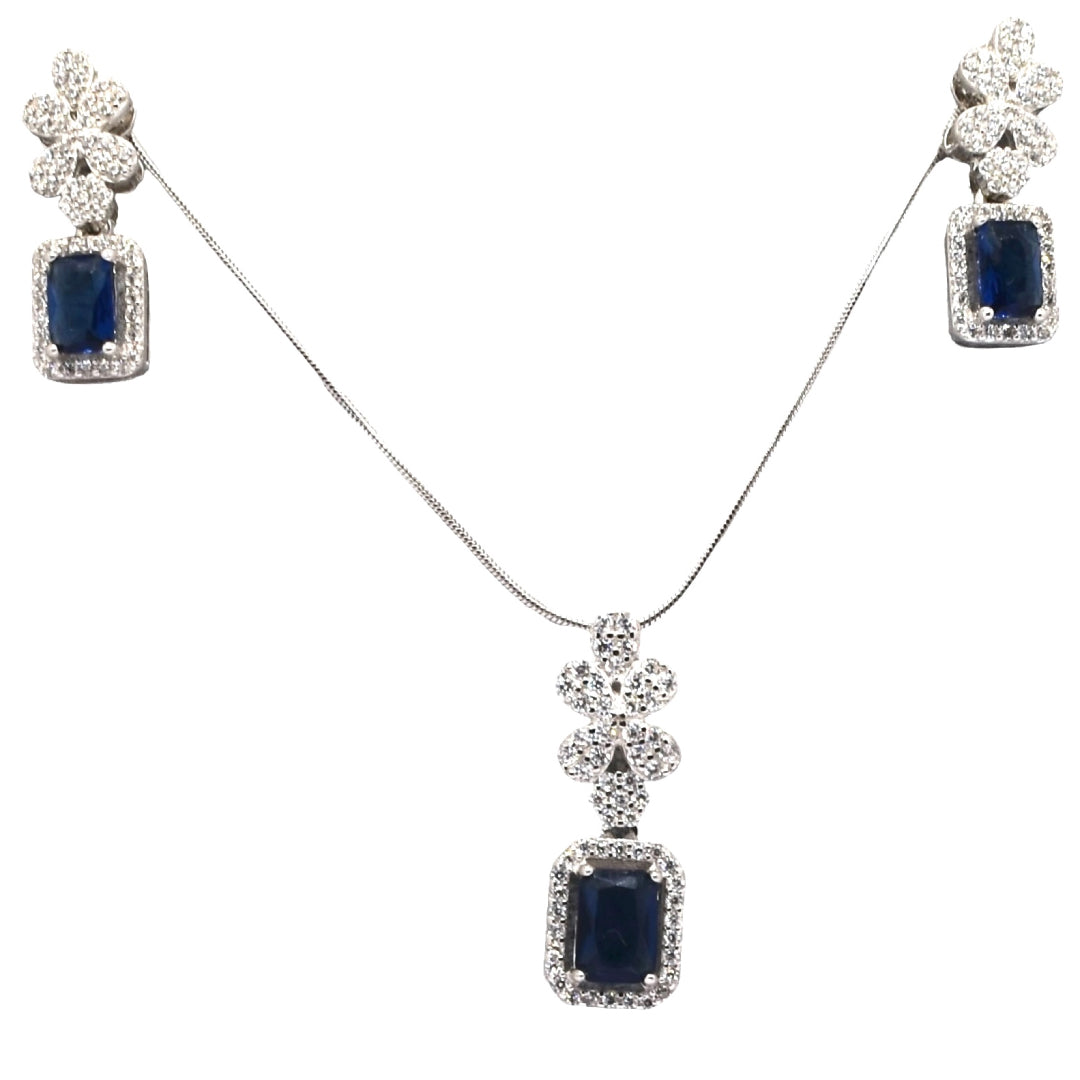 Sapphire Coloured Emerald Cut Necklace With Earring