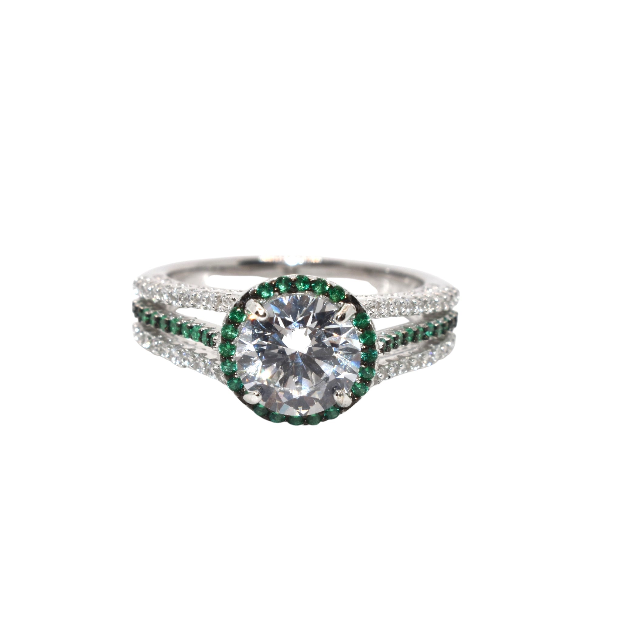 Halo Solitaire Ring With Emerald Coloured Finish