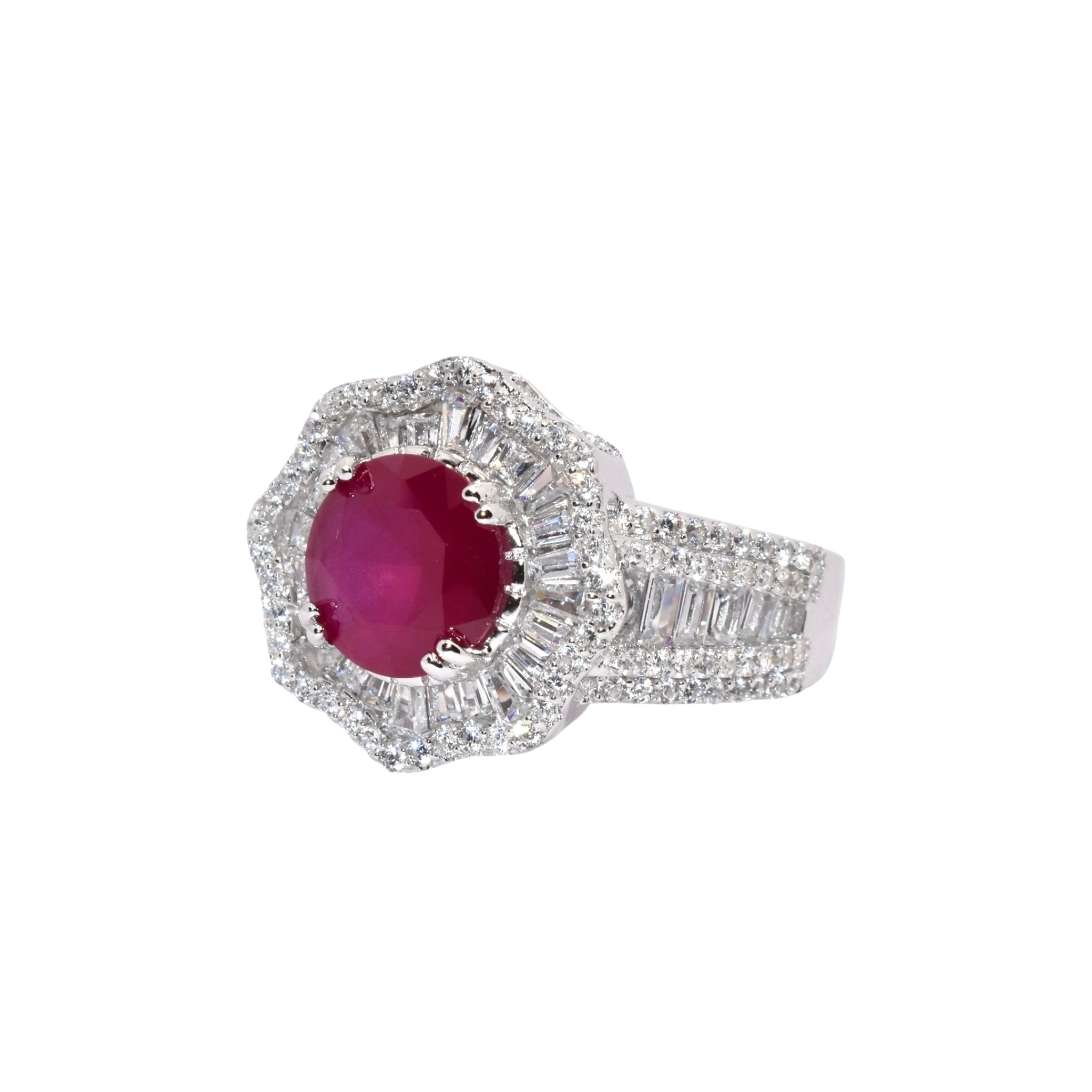 Ruby Coloured Solitaire Baguette Ring