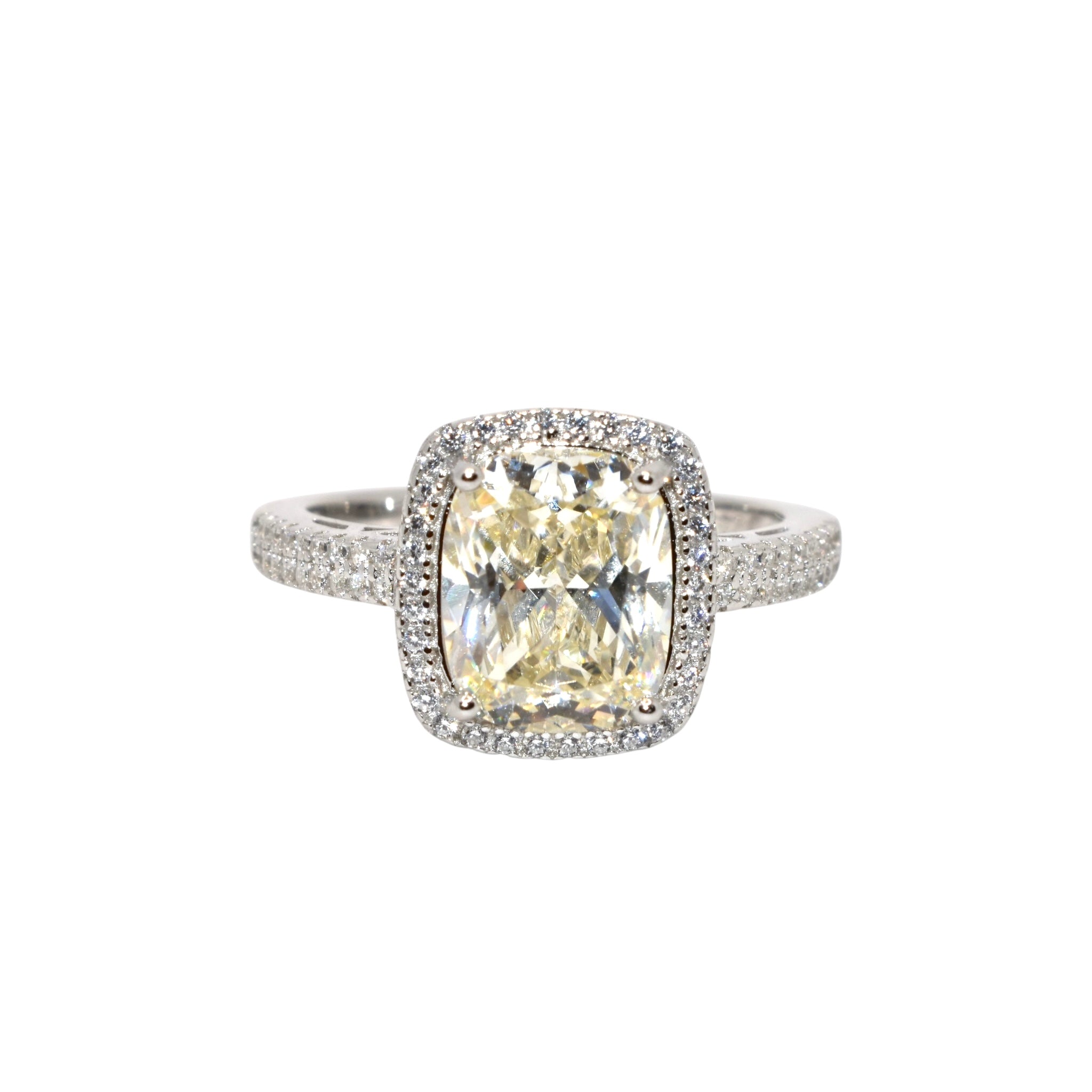 Pale Yellow Coloured Halo Cushiom Cut Ring