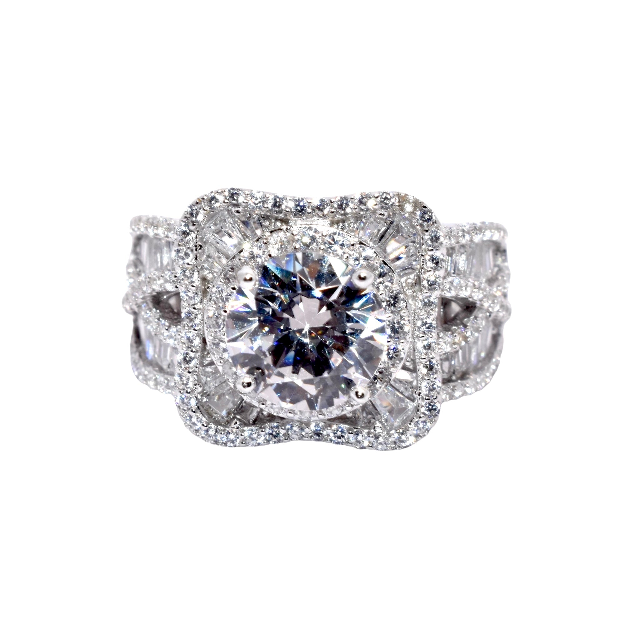 Halo Cushion Baguette Solitaire Ring