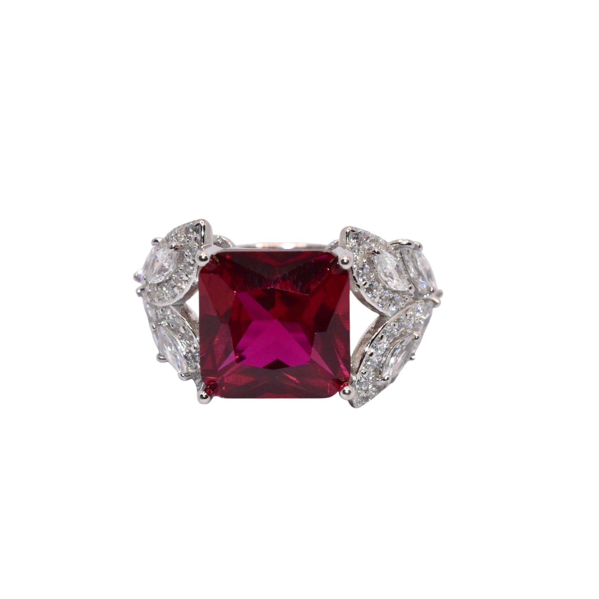 Ruby Coloured Cushion Cut Ring