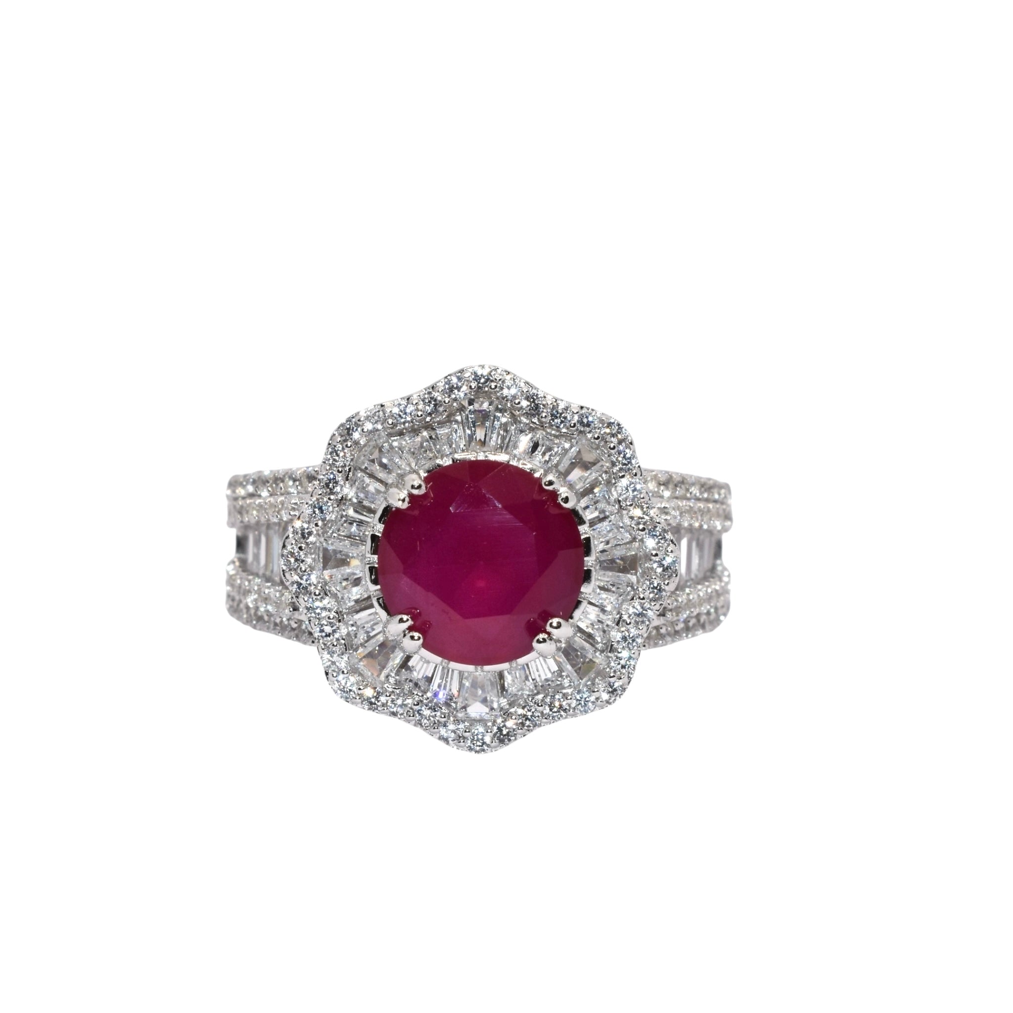 Ruby Coloured Solitaire Baguette Ring