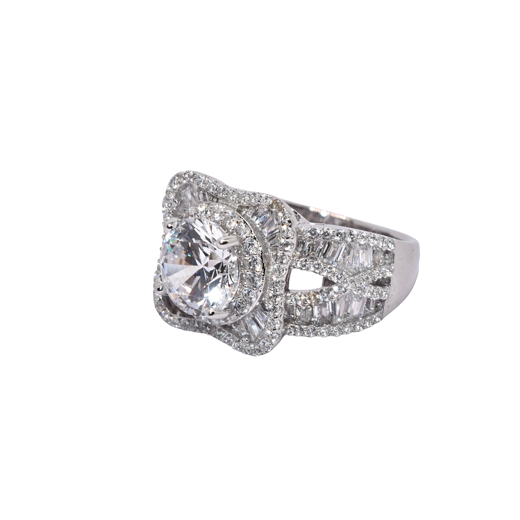 Halo Cushion Baguette Solitaire Ring