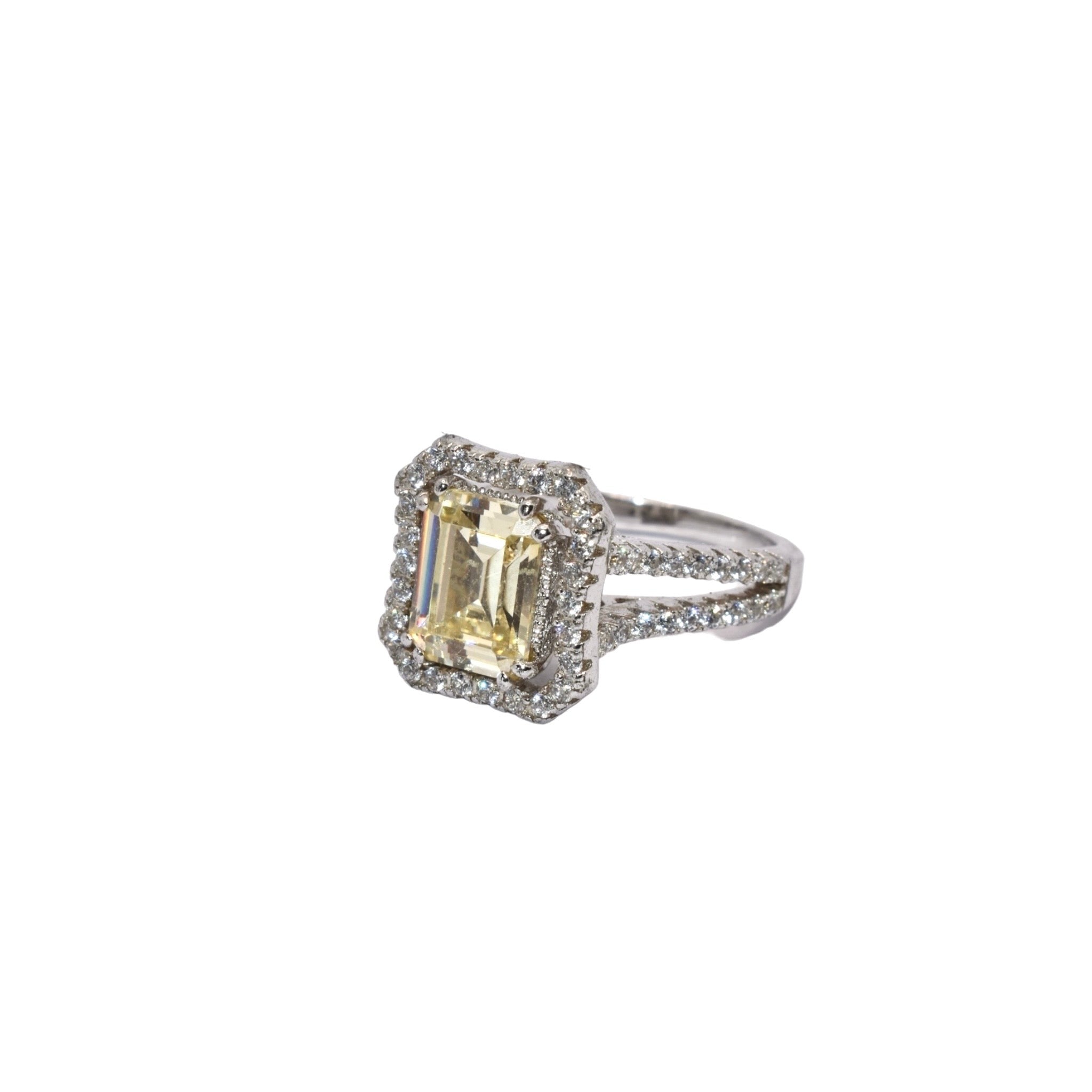 Yellow Coloured Emerald Cut Ring