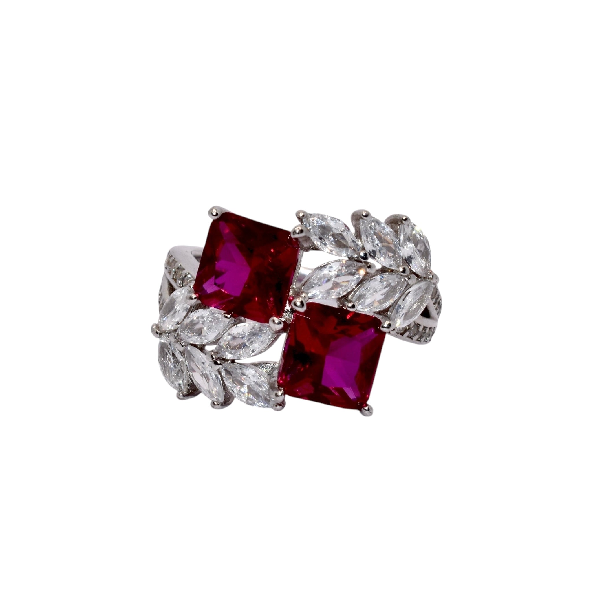 Dual Cushion Cut Ruby Coloured Ring