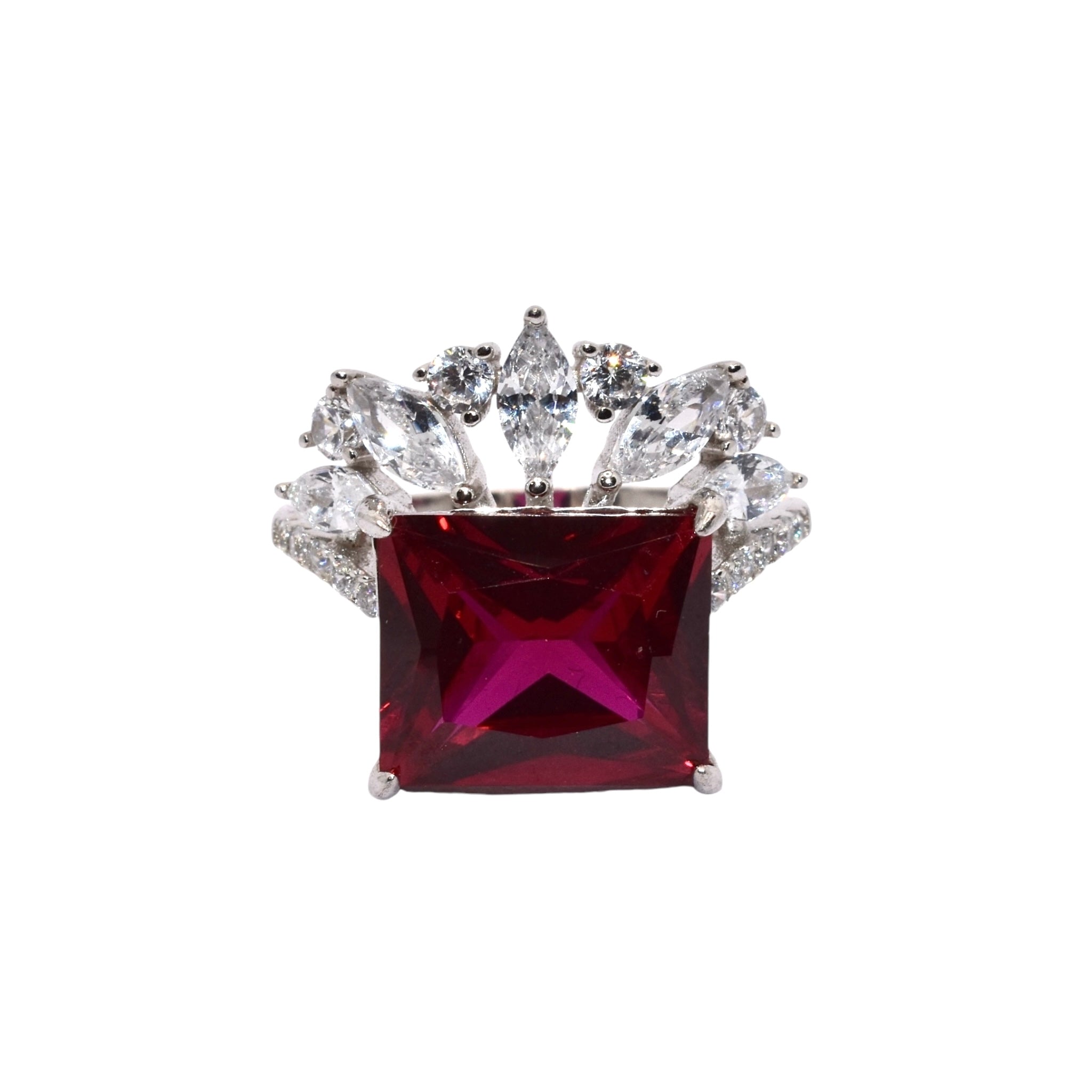 Flower Shape Emerald Cut Ruby Coloured Ring