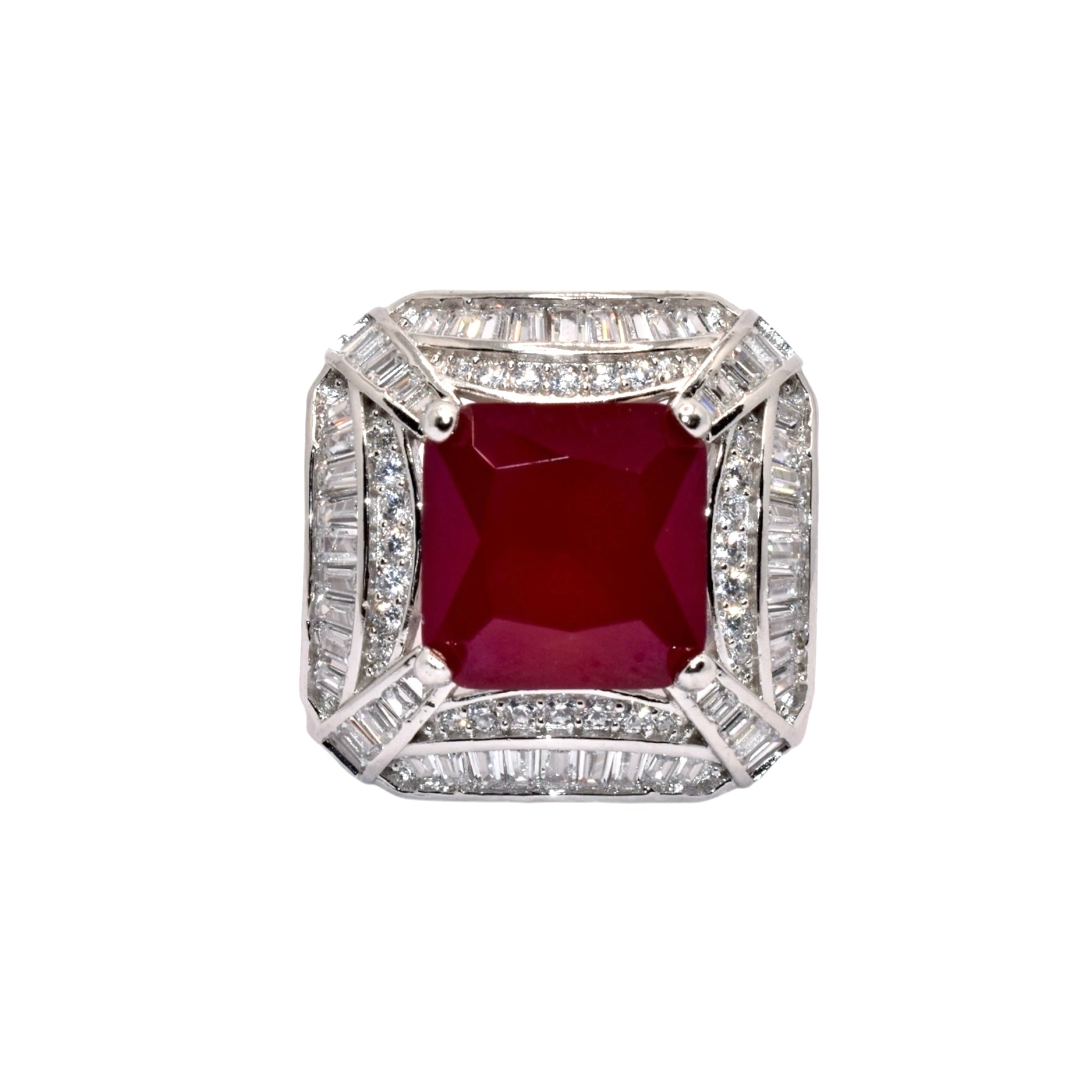 Ruby Coloured Cushion Cut Ring