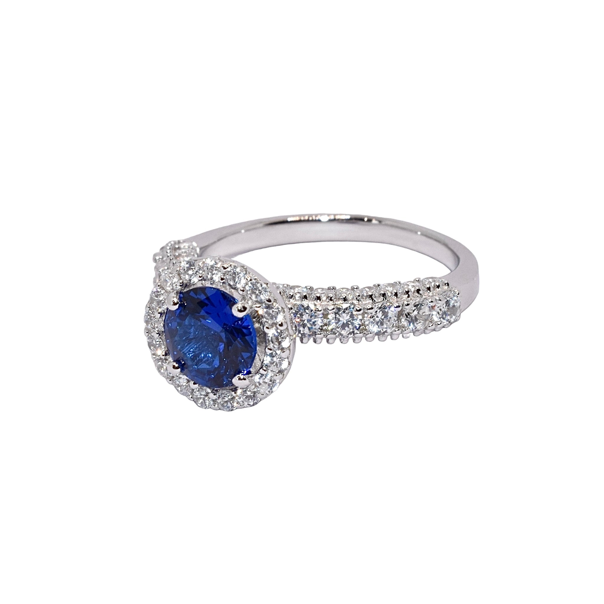 Sapphire coloured Halo Solitaire Ring