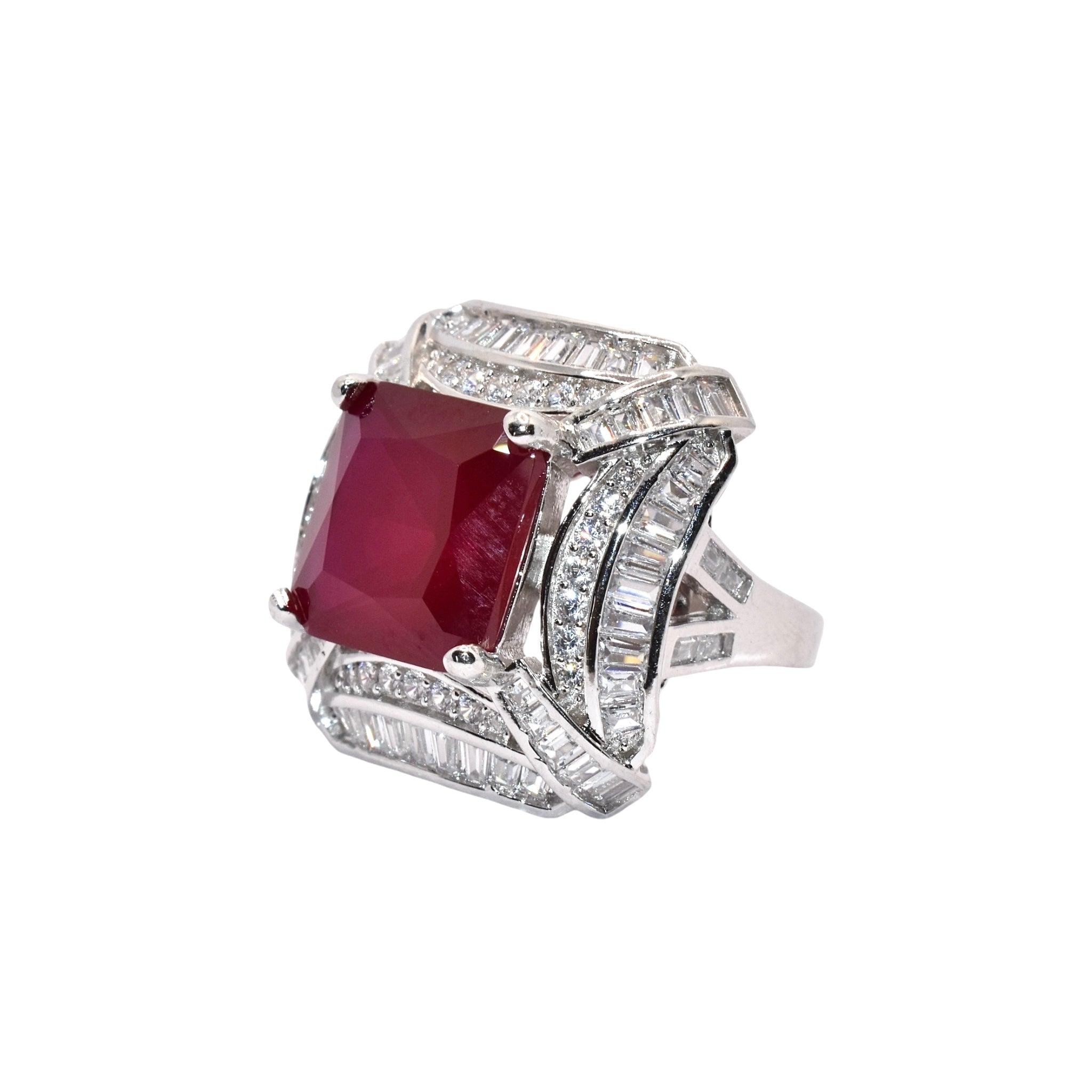 Ruby Coloured Cushion Cut Ring