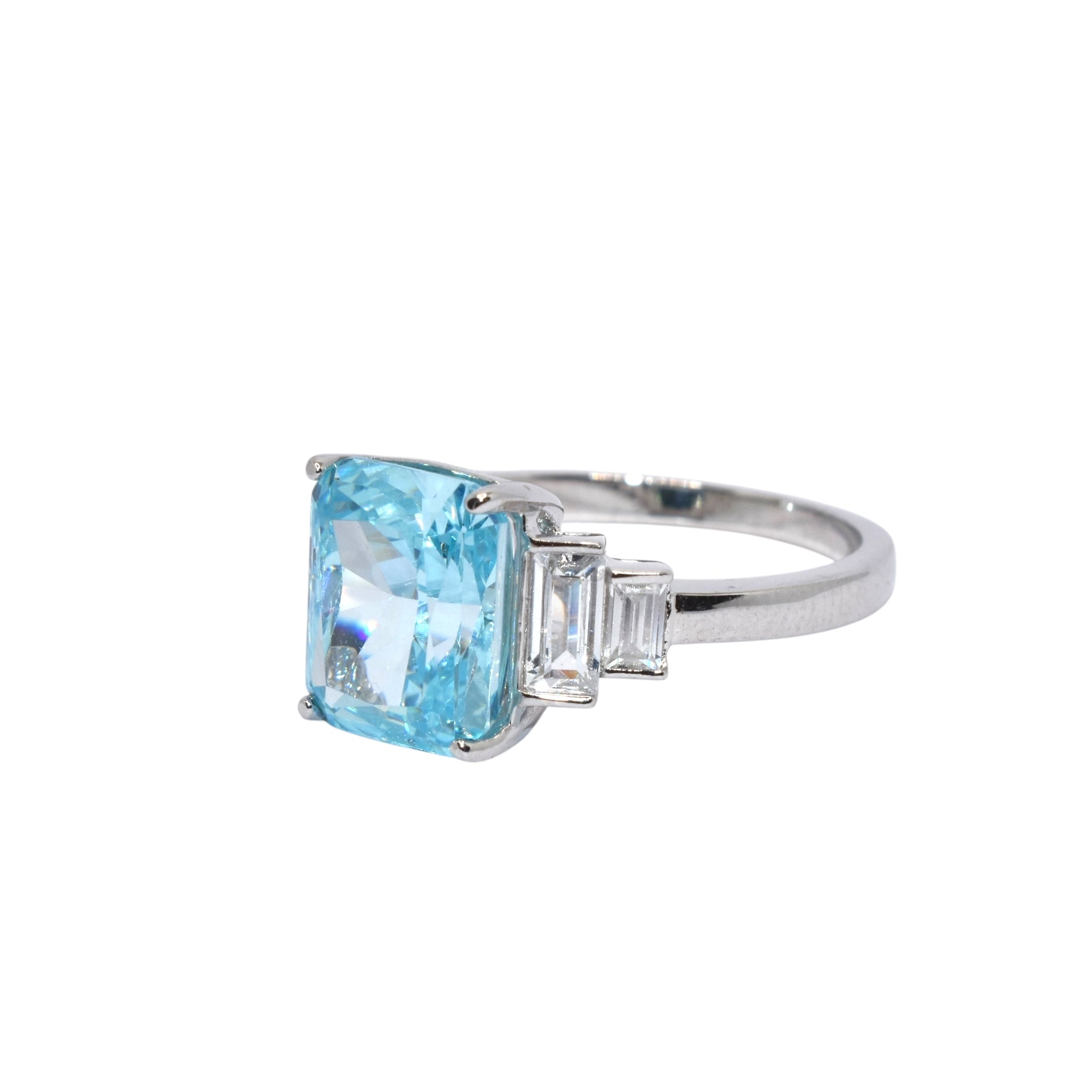 Ice Cut Aquamarine Coloured Emerald Cut Ring