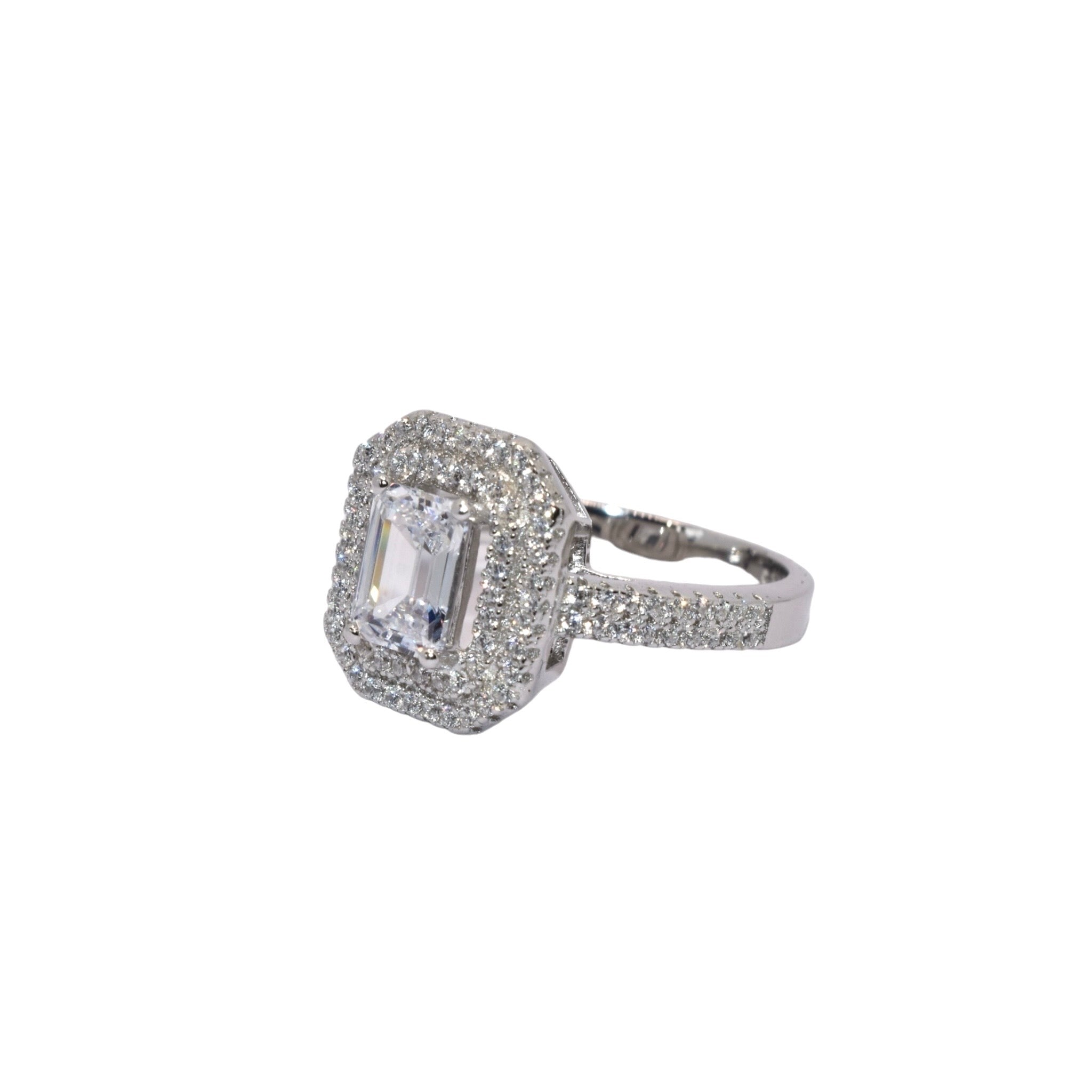 Double Halo Emerald Cut Ring