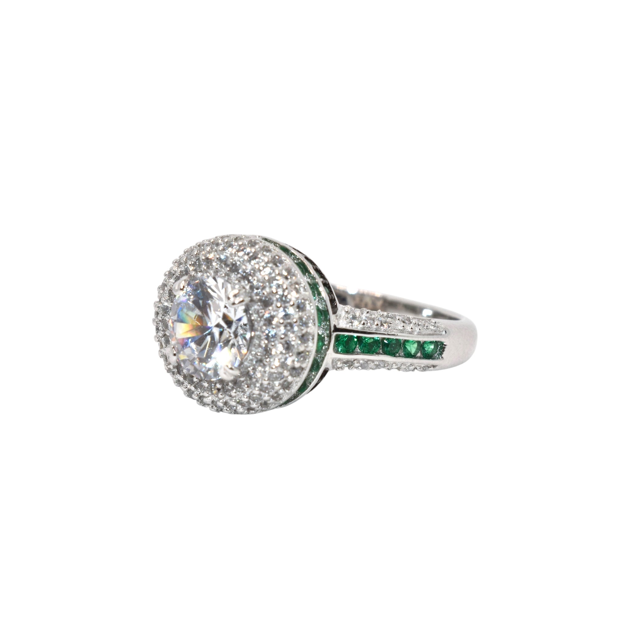 Double Halo Solitaire Ring With Emerald Coloured Finish