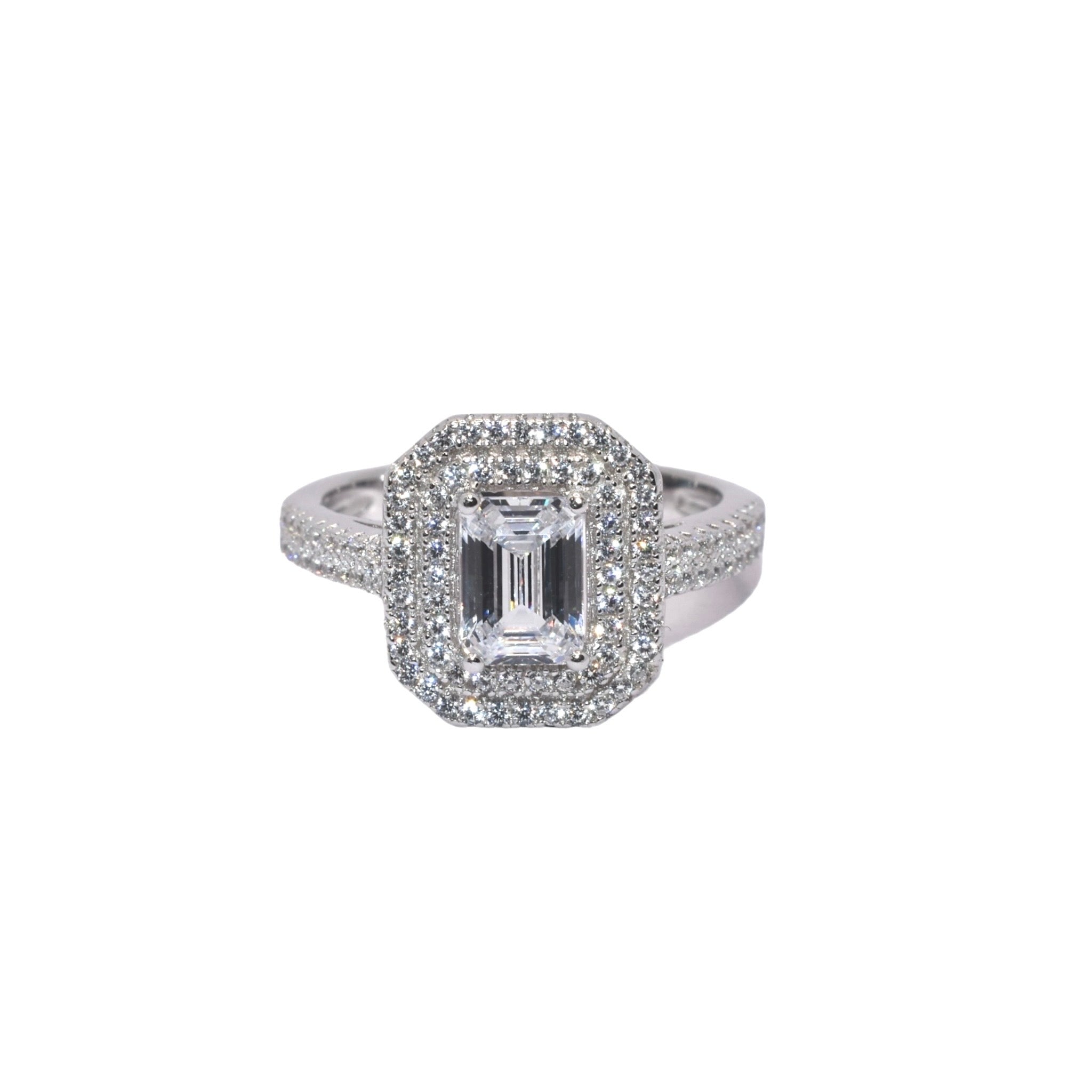 Double Halo Emerald Cut Ring