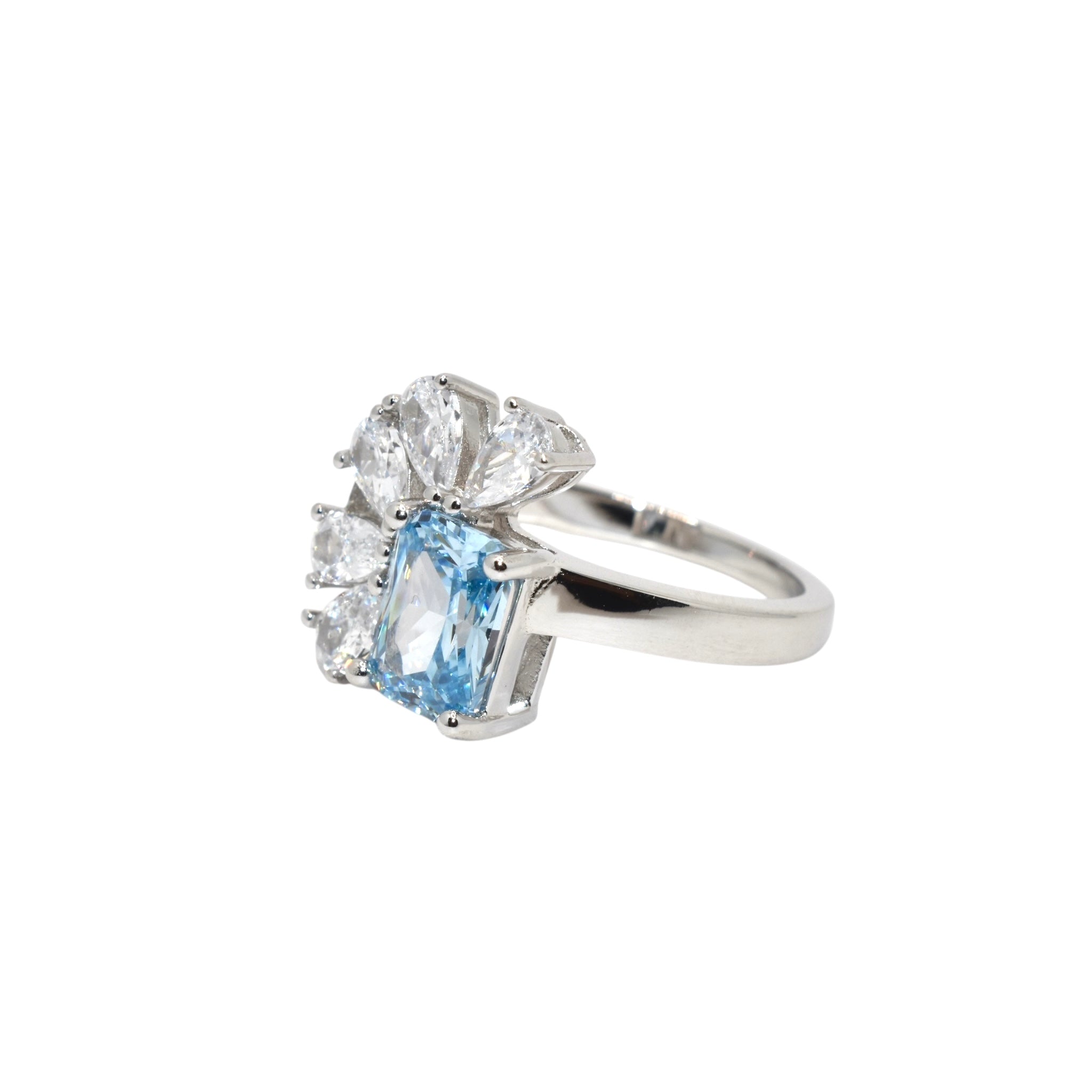 Aquamarine Coloured Emerald Cut Ring