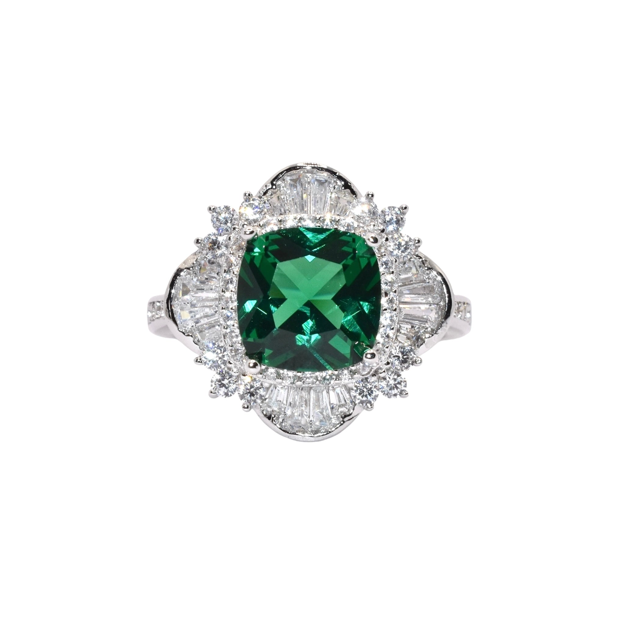 Emerald Coloured Cushion Cut Baguette Ring