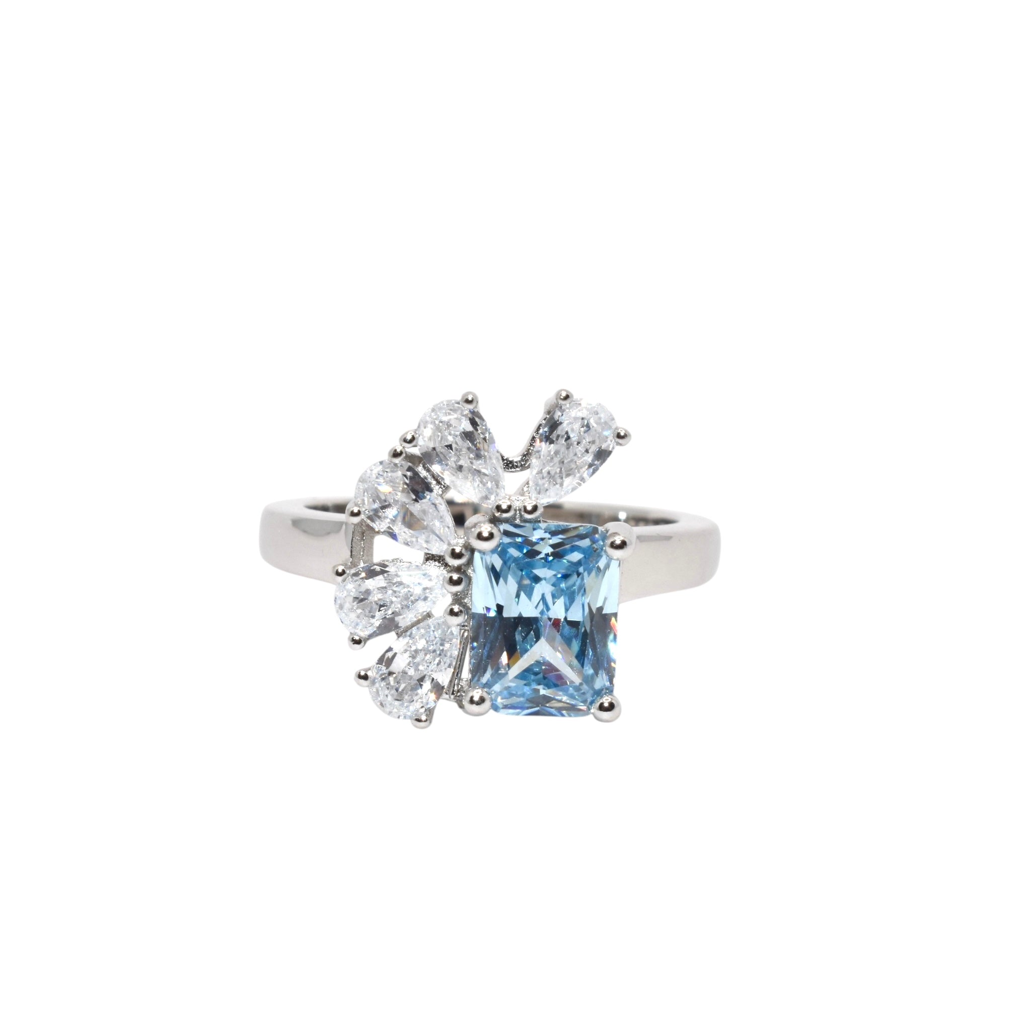 Aquamarine Coloured Emerald Cut Ring