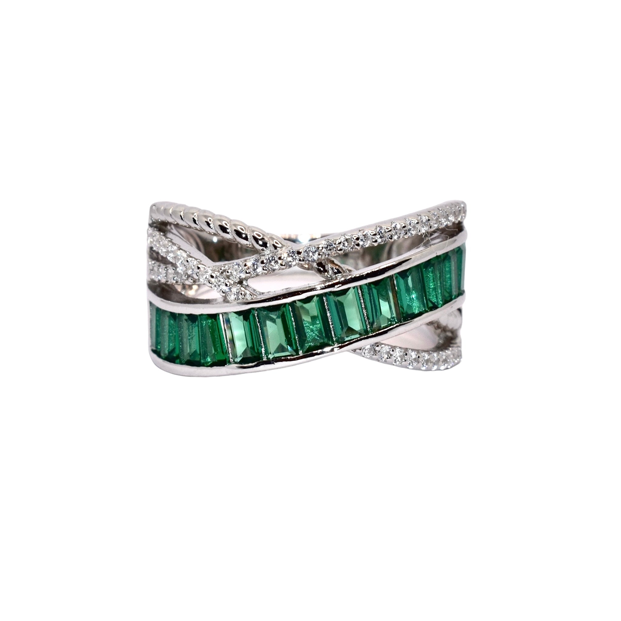 Criss Cross Baguette Emerald Coloured Ring