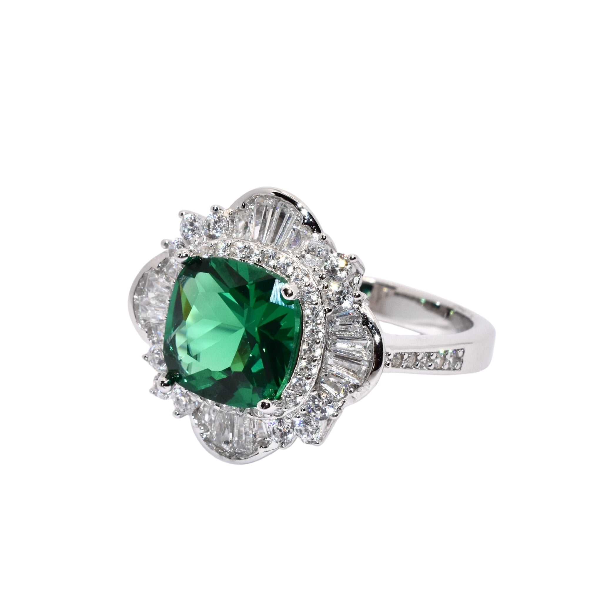 Emerald Coloured Cushion Cut Baguette Ring