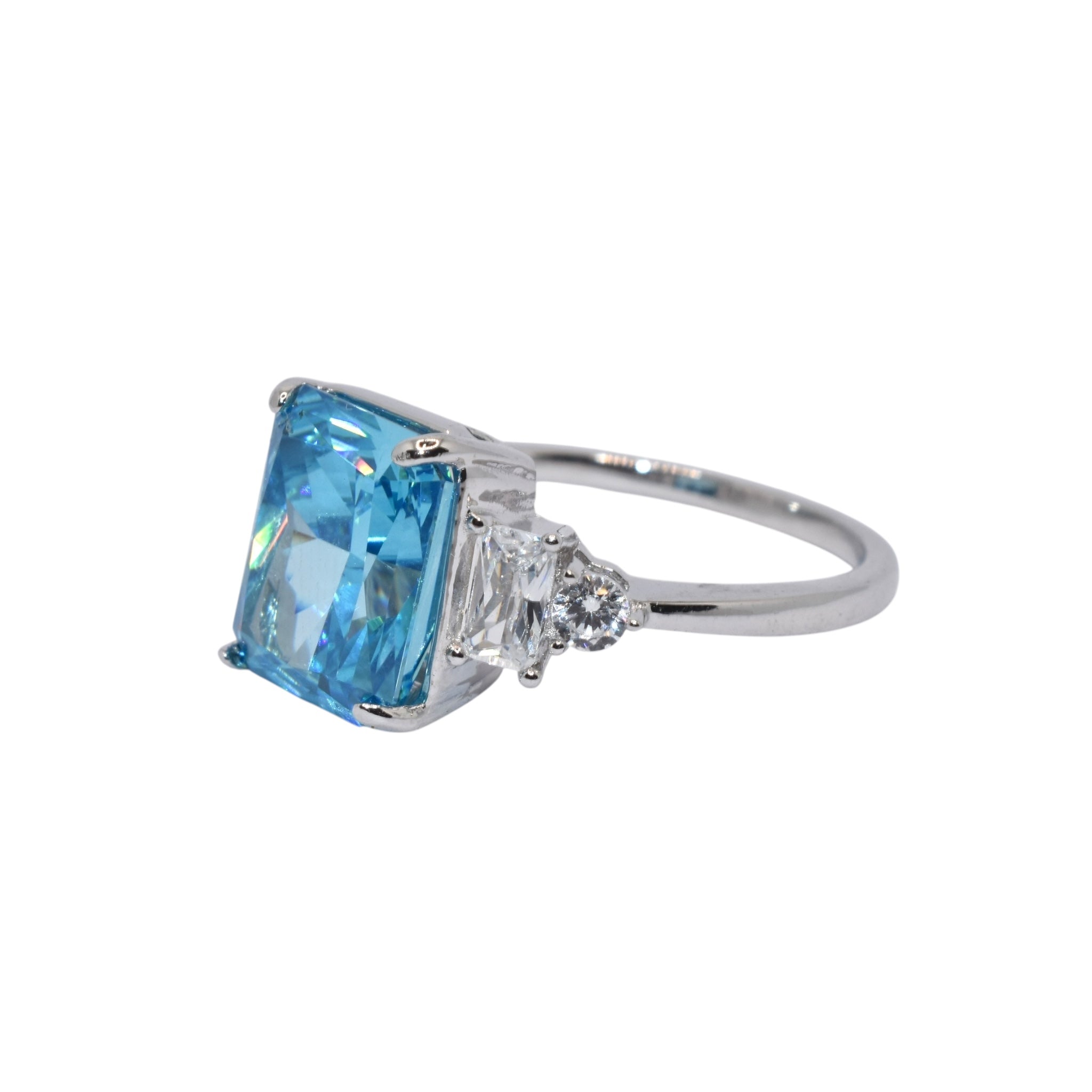 Ice Cut Aquamarine Coloured Emerald Cut Ring