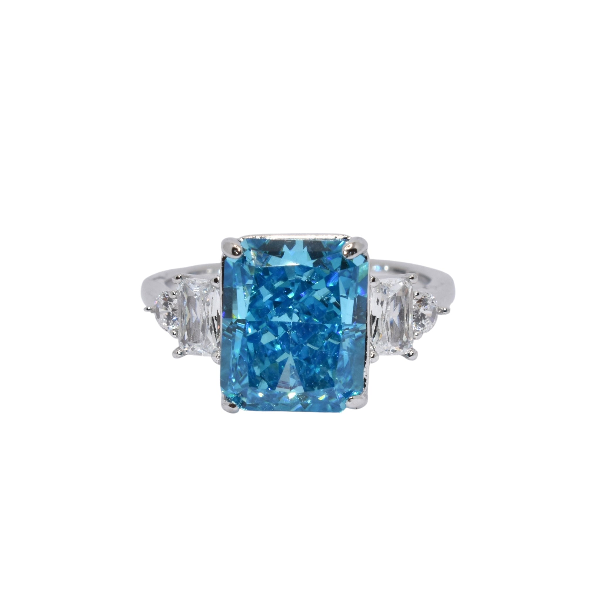 Ice Cut Aquamarine Coloured Emerald Cut Ring