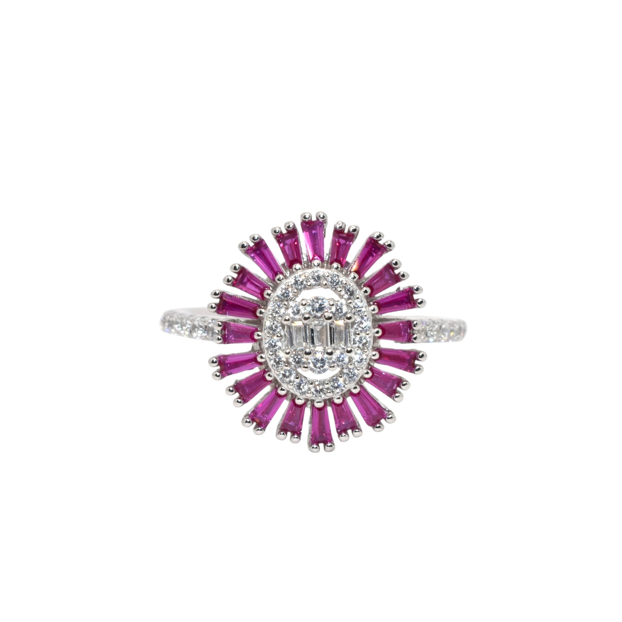 Ruby Coloured Oval Shape Baguette Ring