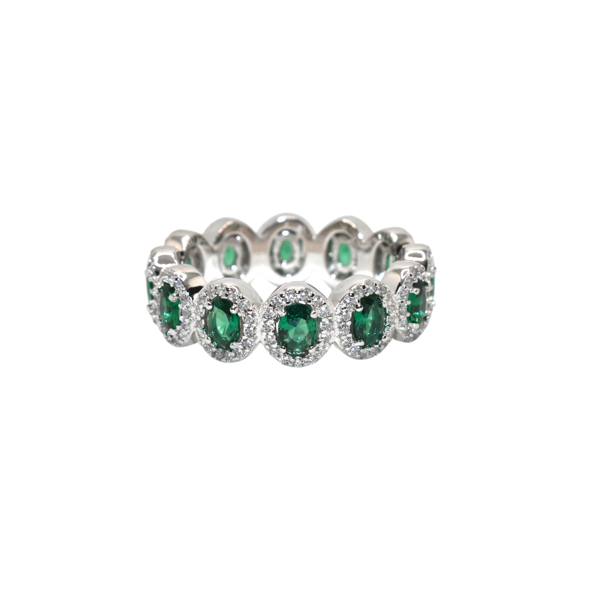 Halo Emerald Coloured Oval Shape Band Ring