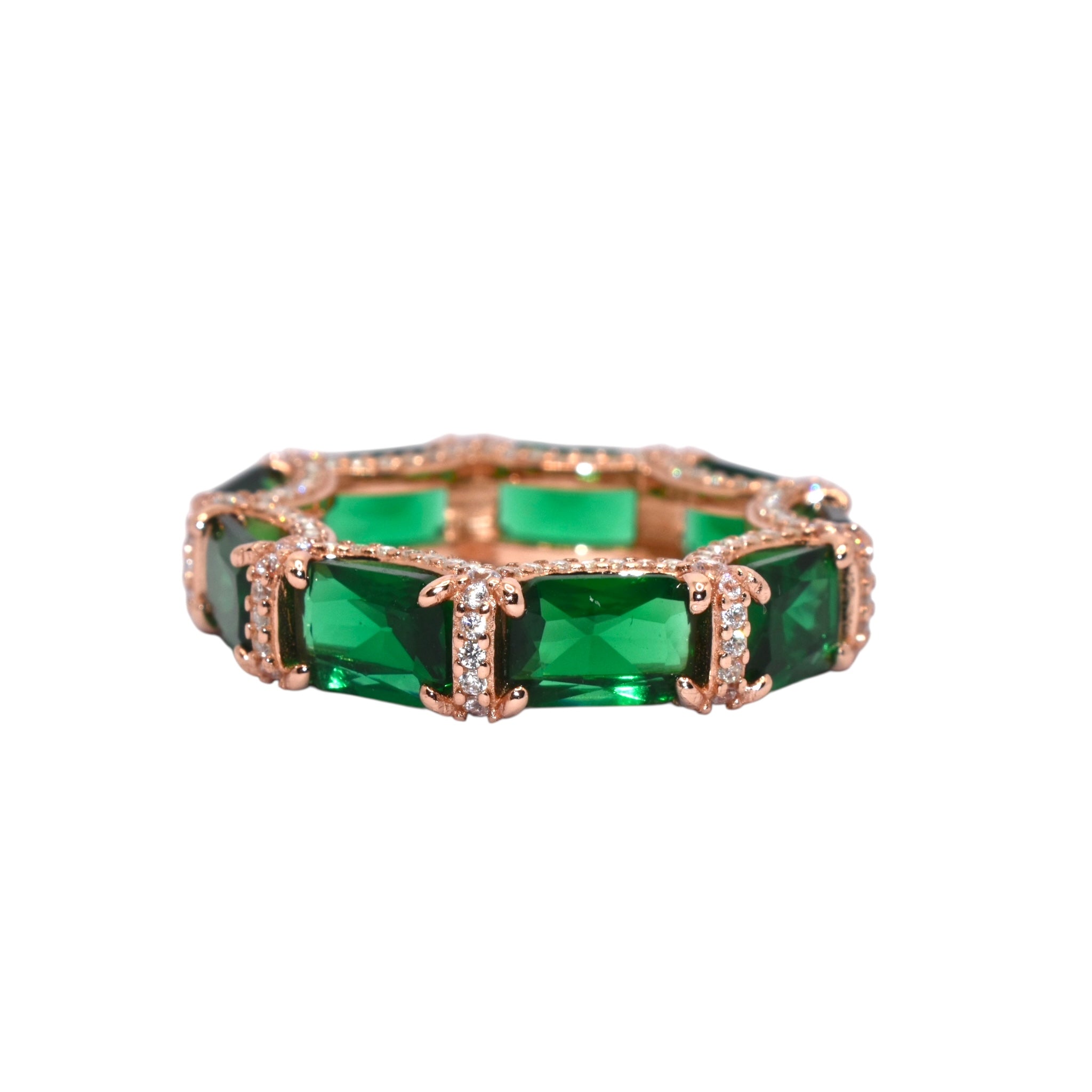 Rose Gold Emerald Coloured Emerald Cut Band Ring