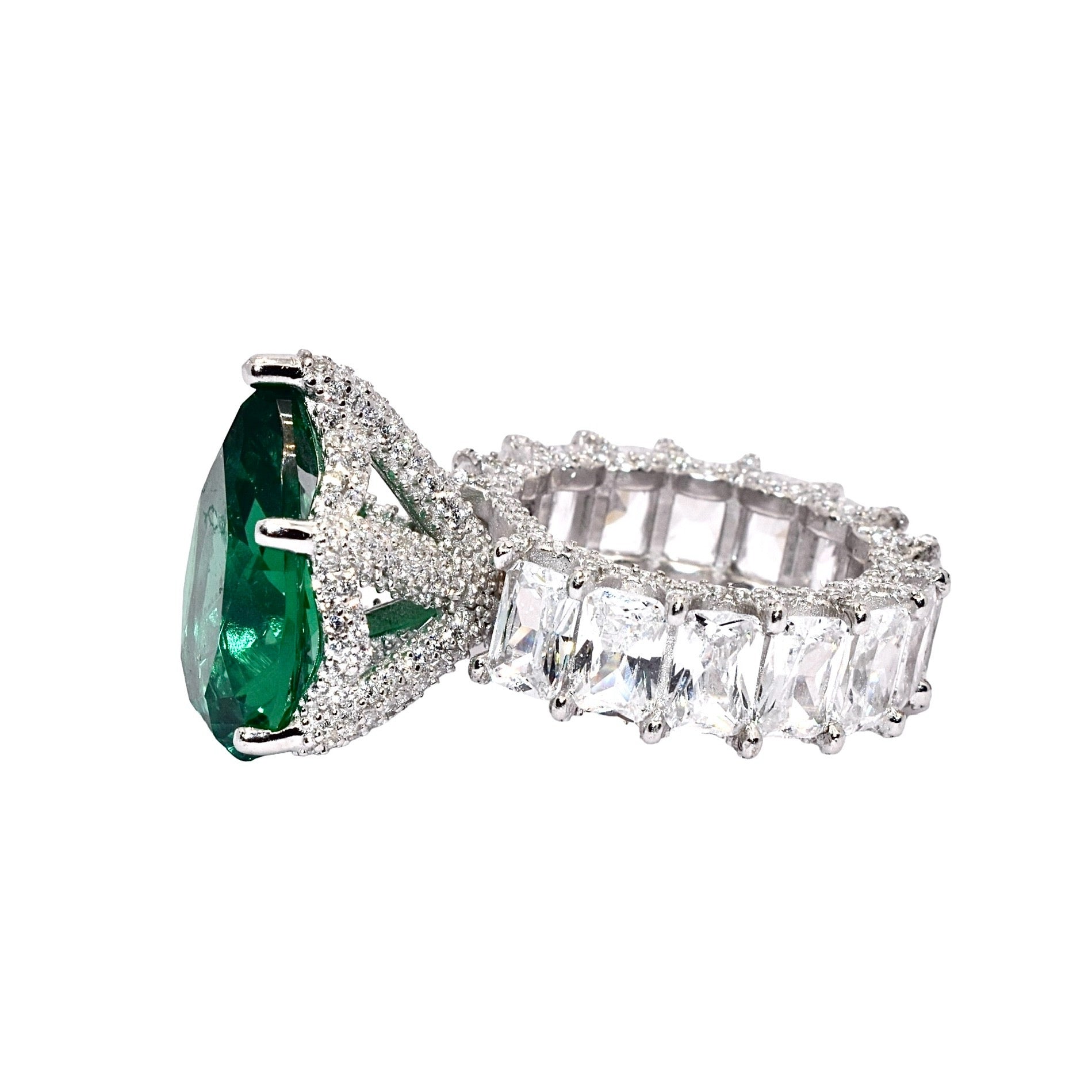 Pear Shape Emerald Coloured Cocktail Band Ring