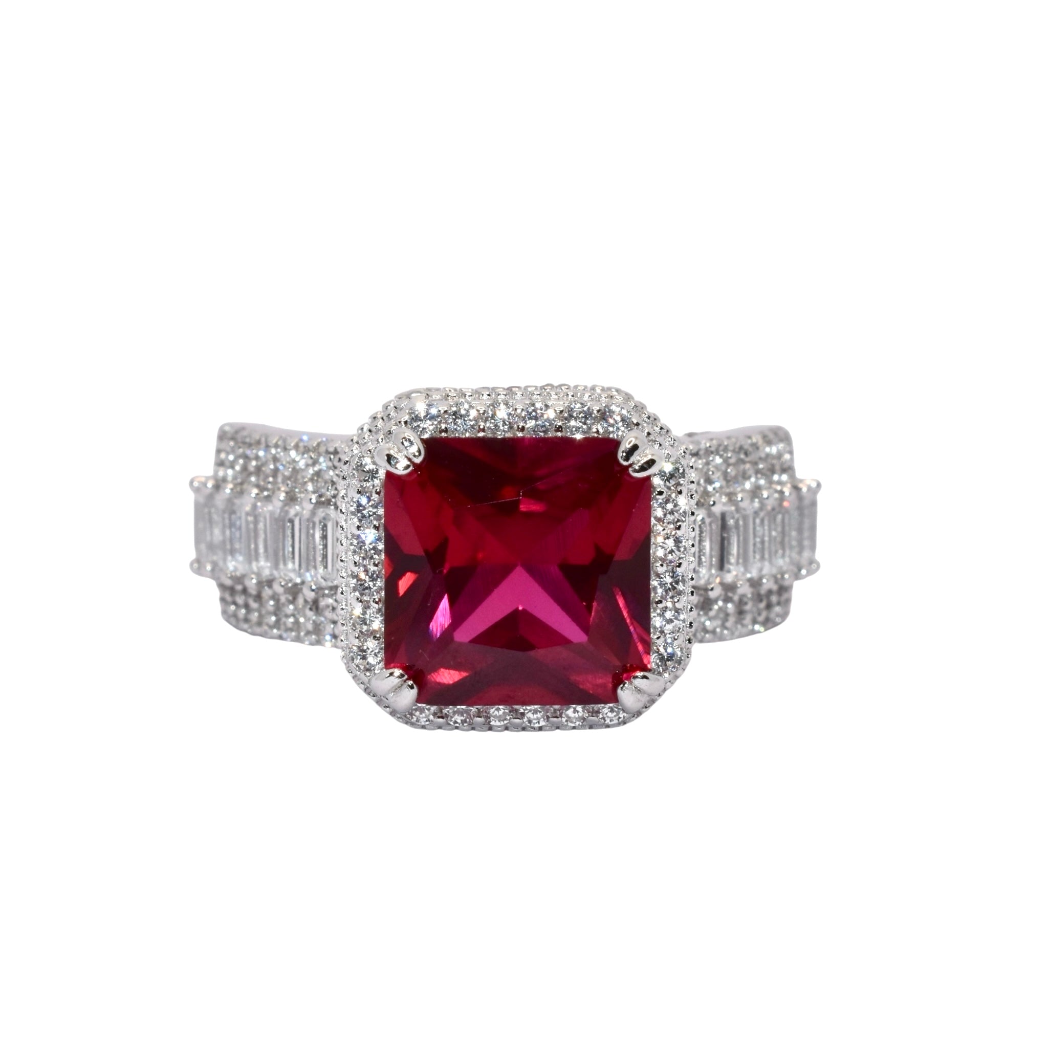 Ruby Coloured Cushion Cut Baguette Ring