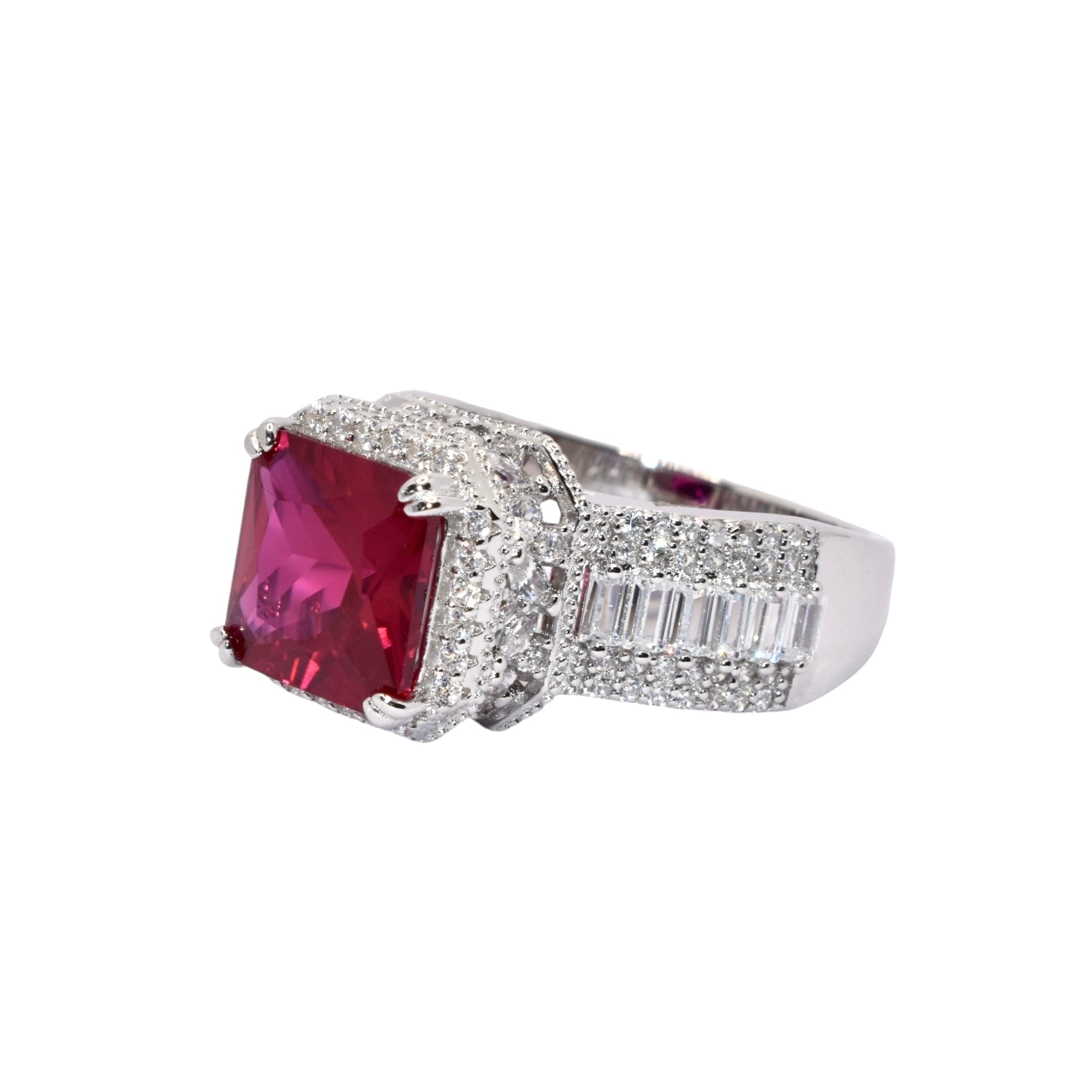 Ruby Coloured Cushion Cut Baguette Ring