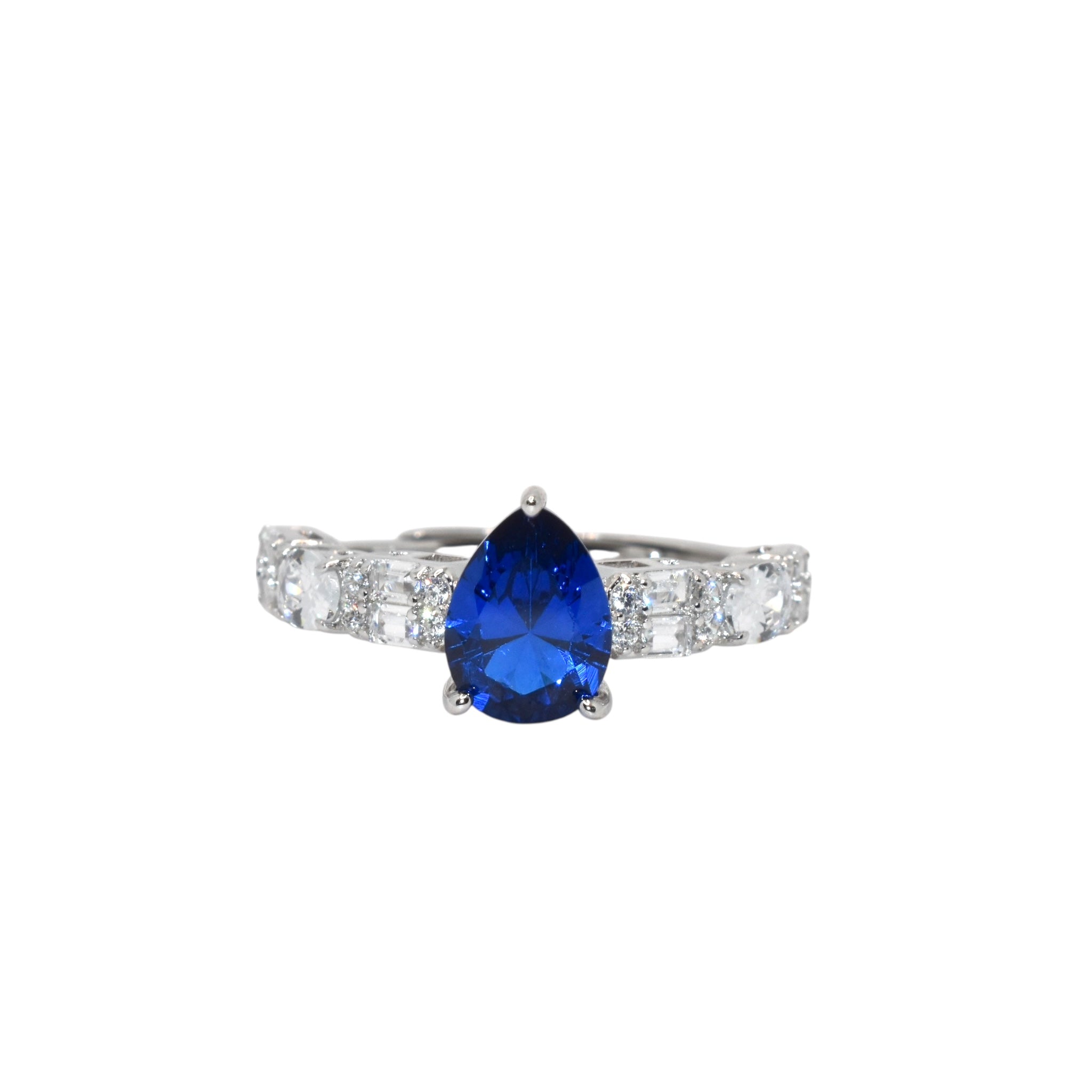 Sapphire Coloured Pear Shape Baguette Ring
