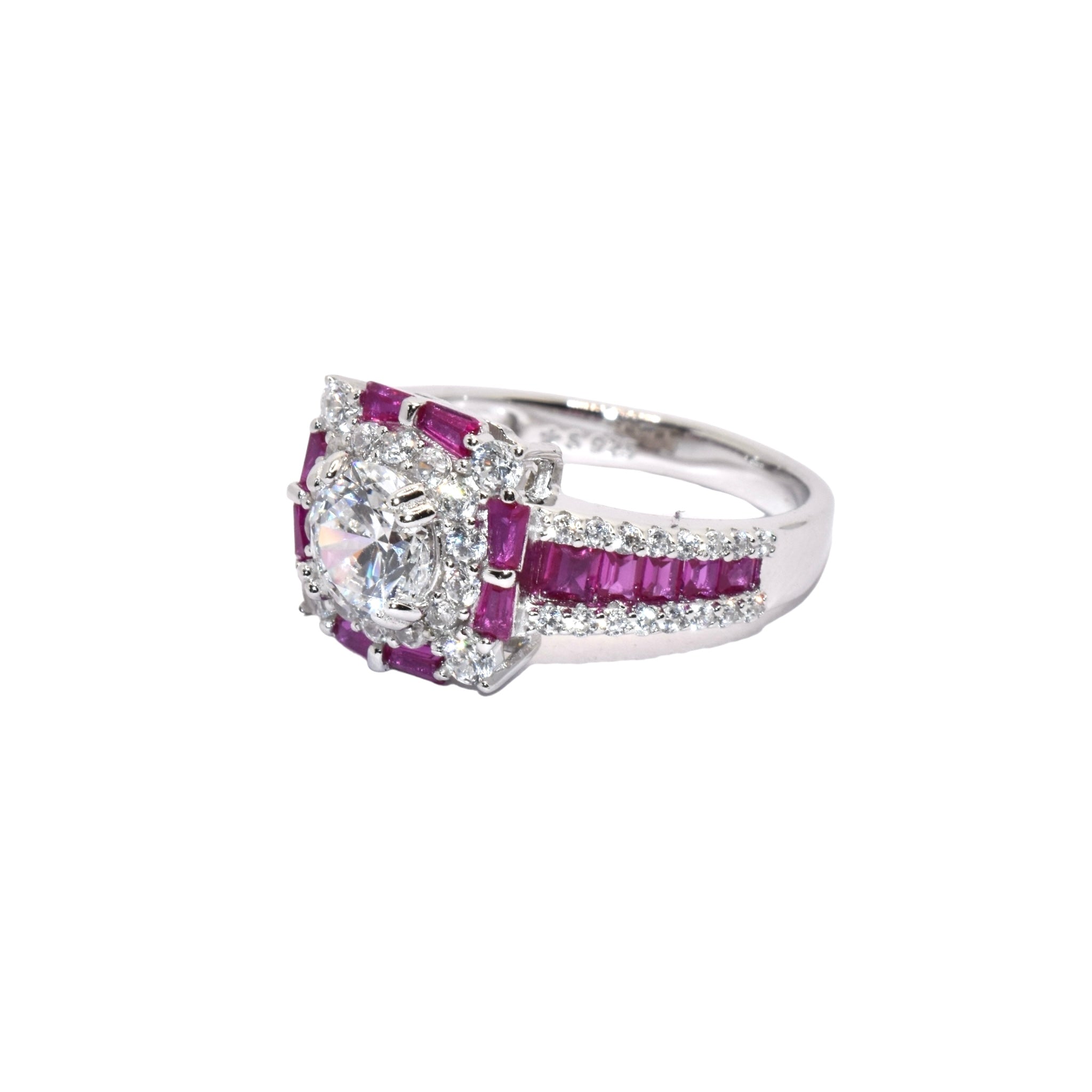 Ruby Coloured Halo Solitaire Ring