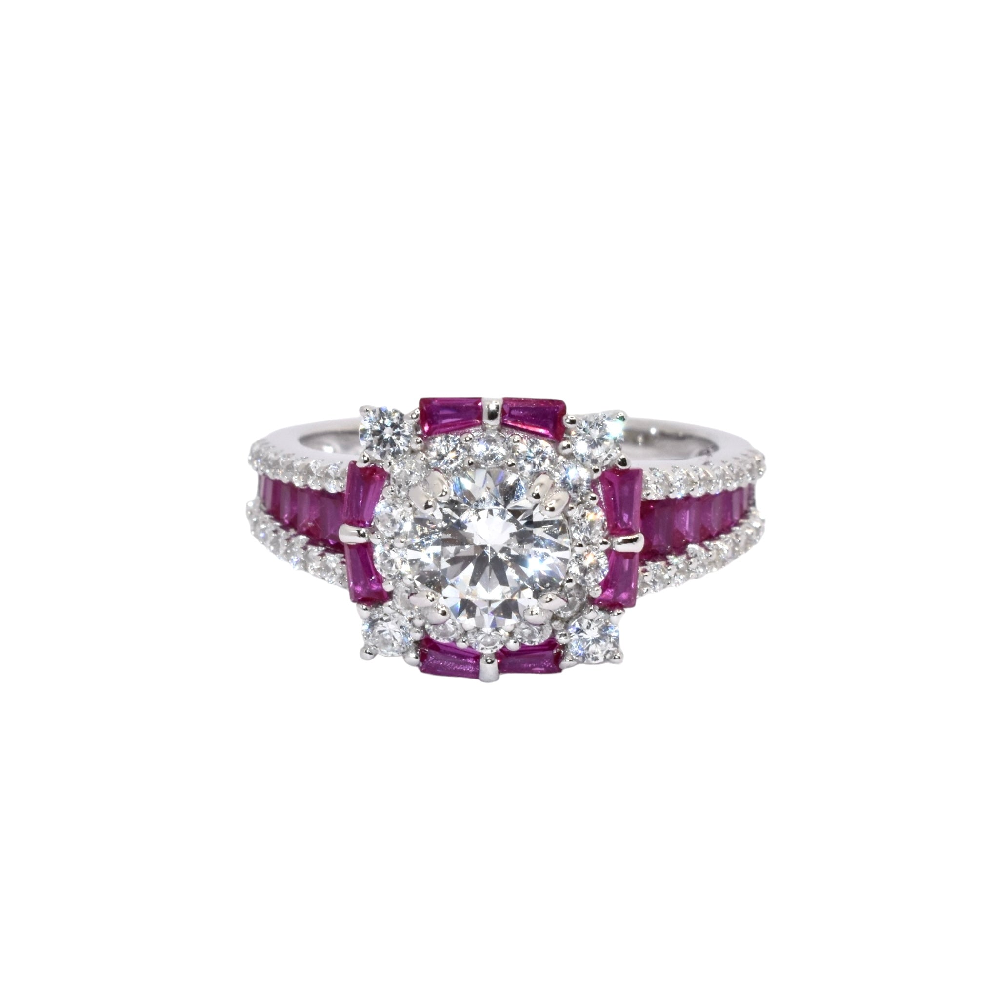 Ruby Coloured Halo Solitaire Ring